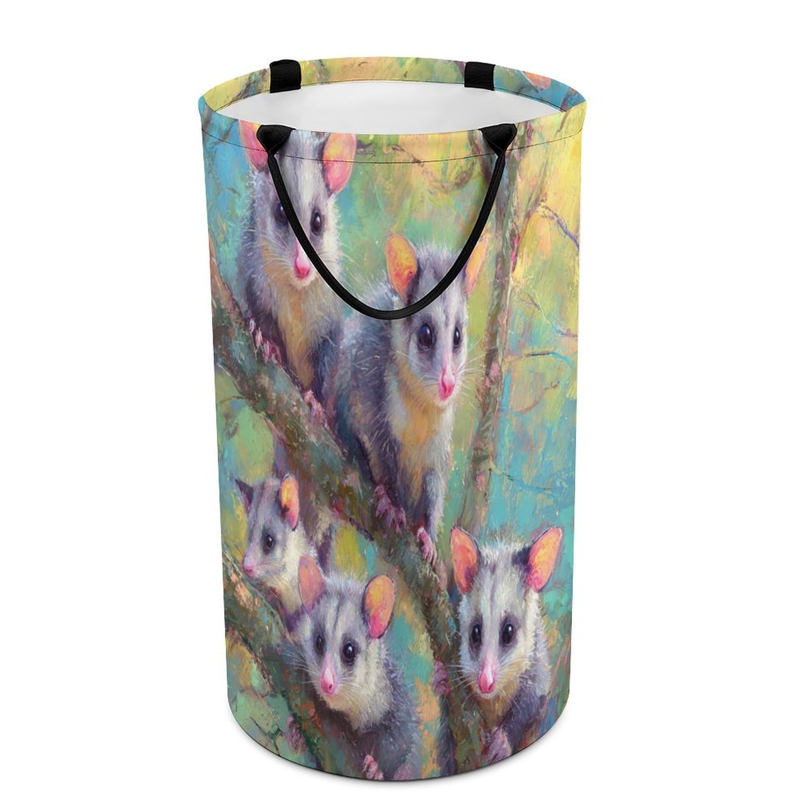 LUYYSKY Classic ModernCute Possums Collapsible Dirty Clothes Basket, Retro Oil Painting Plants Tree Branch Animal Possums Portable Clothes Storage Basket