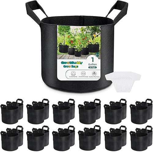 GreatBuddy Paquete de 12 bolsas de cultivo de 5 galones, bolsas de tela gruesa para verduras, asas resistentes y costuras reforzadas, etiquetas