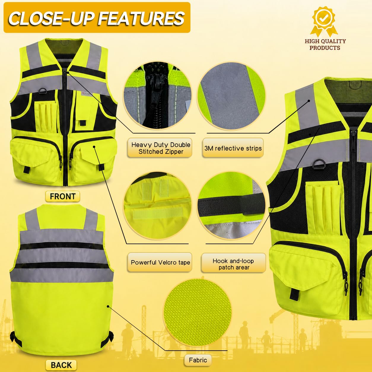 Chaleco de seguridad de punto con rayas reflectantes 3M, chaleco Oxford de alta visibilidad con bolsillos, ropa de trabajo de construcción brillante para hombres y mujeres, Amarillo alta visibilidad,