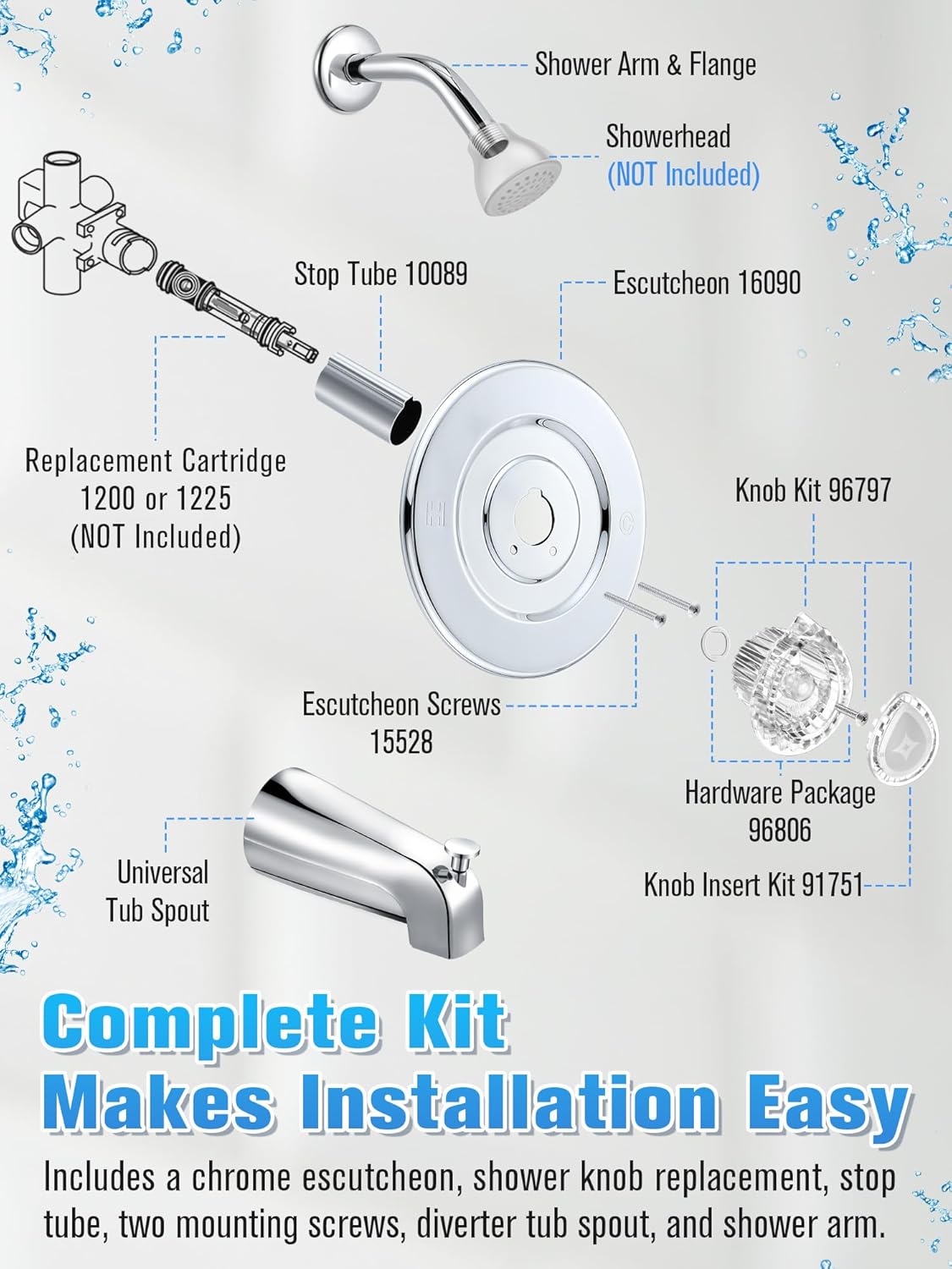 Tub and Shower Trim, Compatible with Moen Chateau T470 Single Handle Tub/Shower Valve System, Featuring Knob, Spout and Showerhead Arm, Chrome (Showerhead NOT Included)