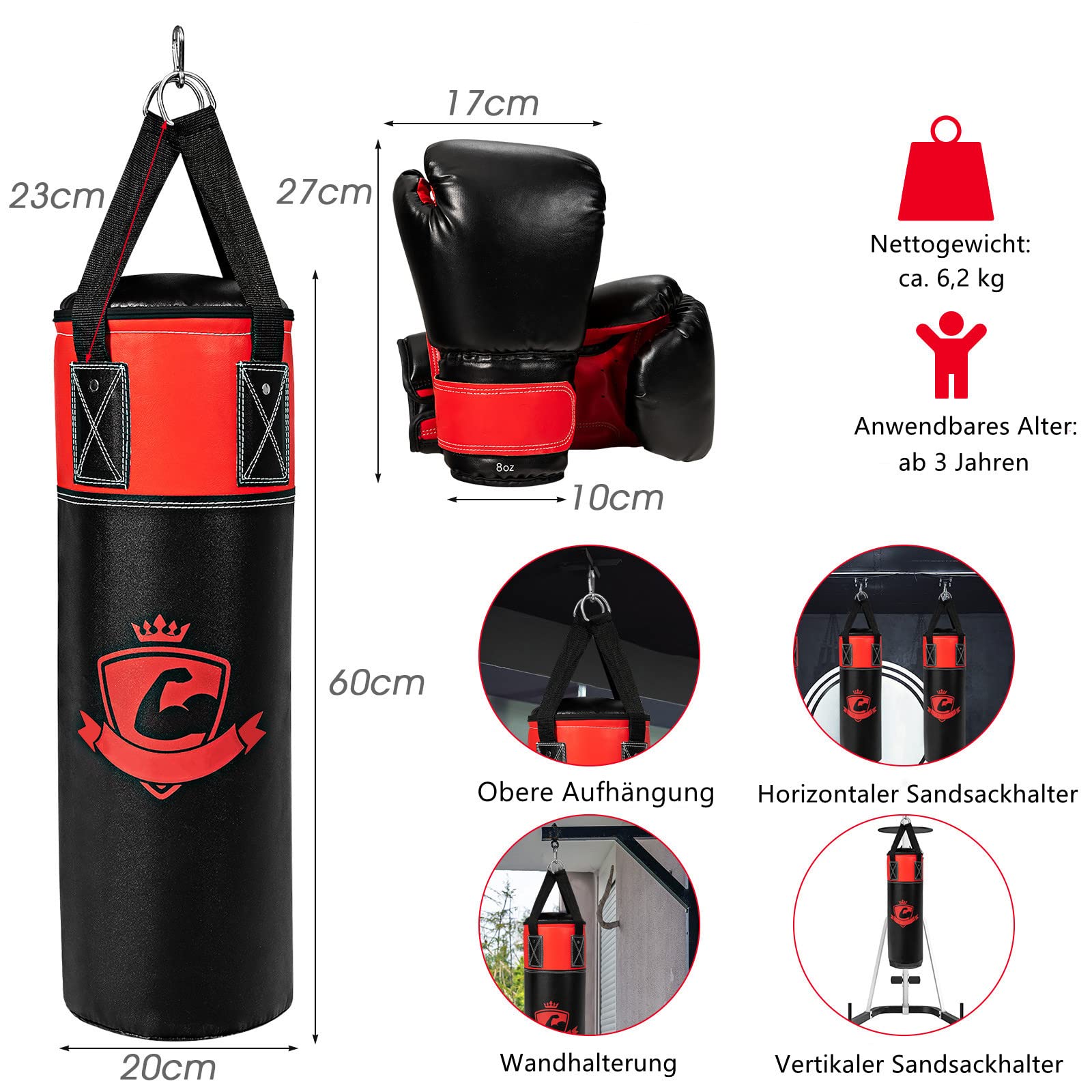 GYMAX Juego de Saco de Boxeo para Niños de 5,2 kg con Guantes de Boxeo, Vendajes de Boxeo y Bolsa de Transporte, 60 cm, para Kickboxing, MMA, Artes Marciales, Muay Thai, Boxeo, 3 Años+