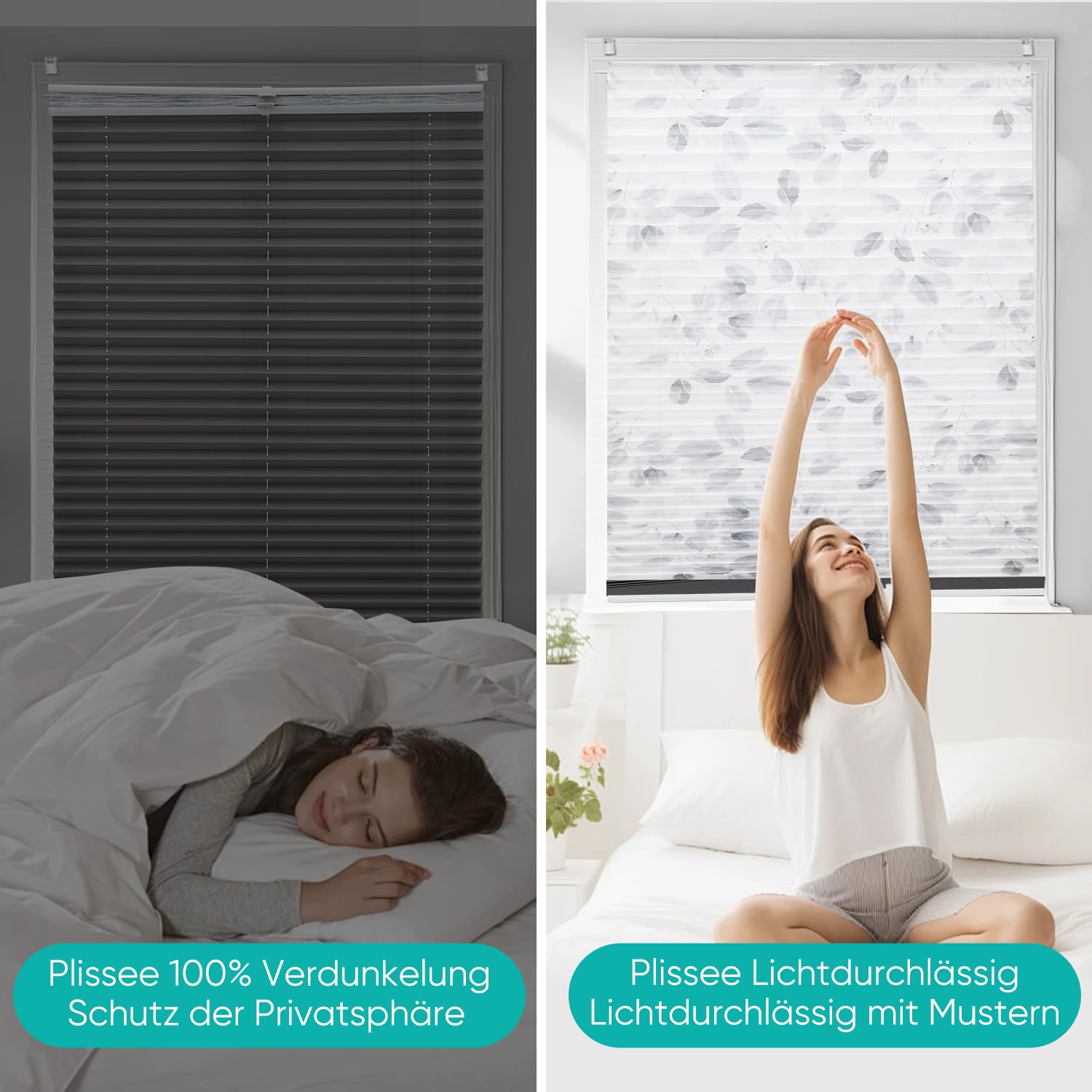 Sekey Plissee Day+Night Doppelplissee Verdunkelung ohne Bohren verspannt Lichtschutz 80x200cm Druck+Dunkelgrau – Bild 3