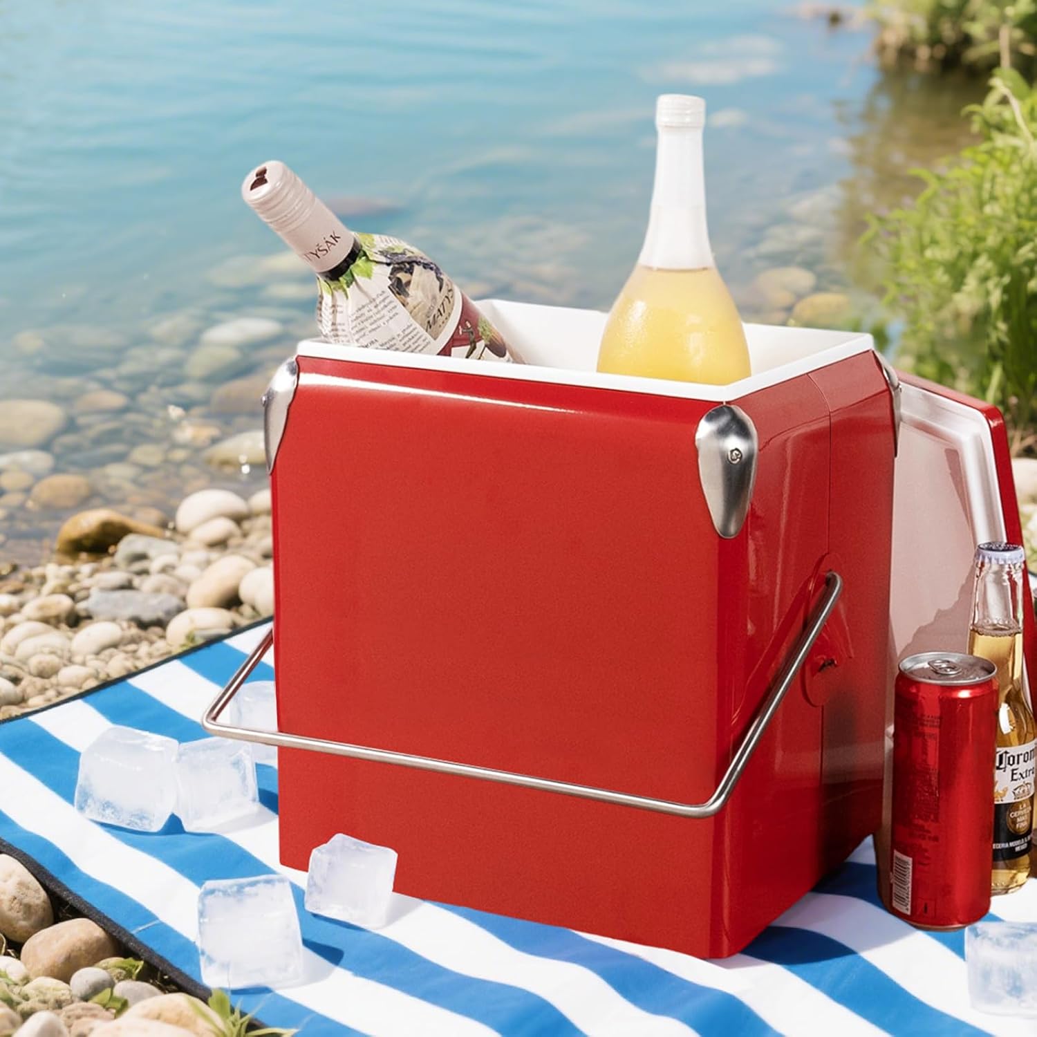 Retro Cooler 14 Quart - Portable Metal Vintage Ice Chest with Bottle Opener, Waterproof Stainless Steel Cooler, Outdoor Ice Bucket for Camping, Picnic, Beach, BBQ, Tailgating & Fishing