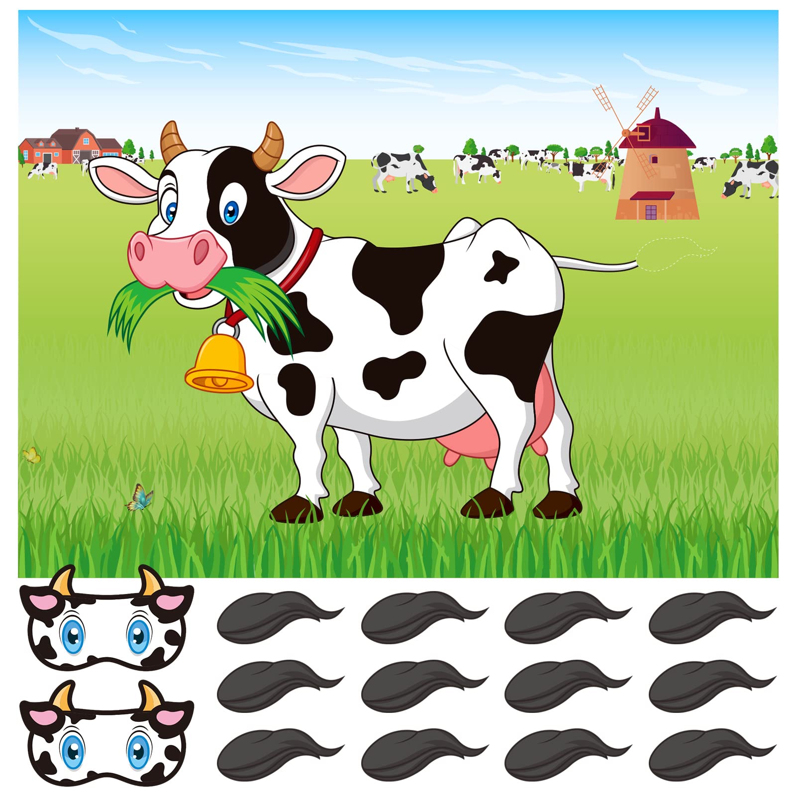 ASTARON Pin The Tail on The Cow Game with 30 Tails for Farm Supplies Pin Game, Boys Girls Animal Party Favors Christmas Decorations Home Wall Decor