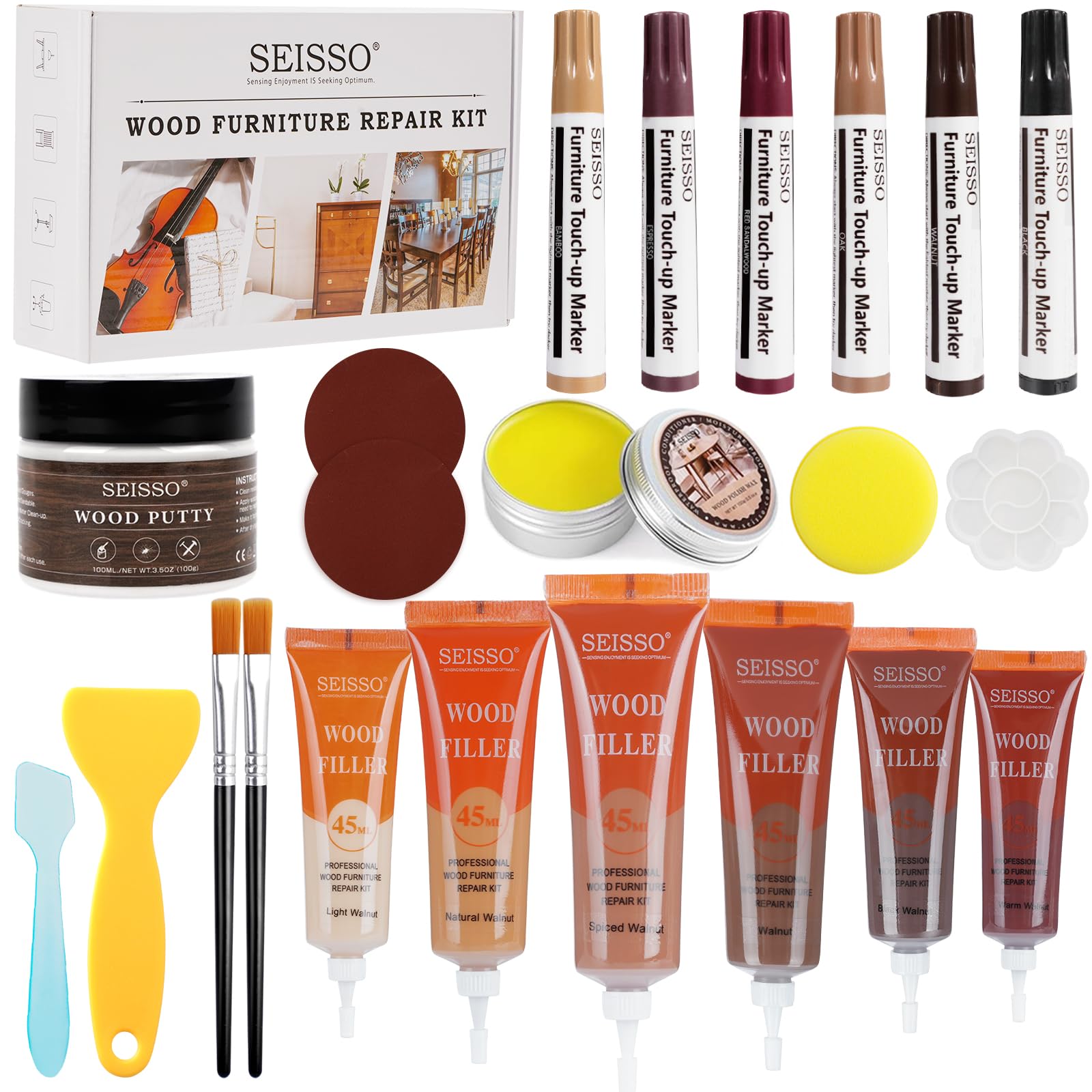 SEISSO Wood Furniture Repair Kit, Upgrade Wood Fillers with Touch Up Markers and Polish Wax for Couches, Restoration Cream Scratch Repair Leather Dye