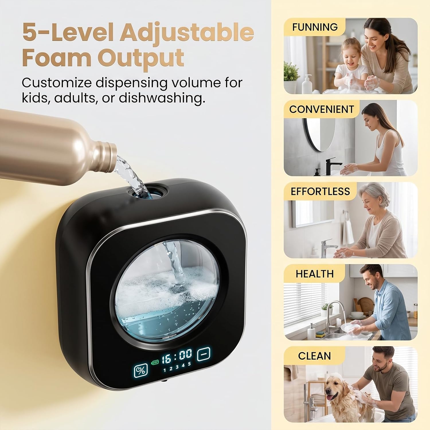 Automatic Foam Soap Dispenser Bathroom,Wall Mounted Touchless Foaming Soap Dispenser Rechargeable with Smart LCD Display & 5-Level Adjustable Foam,Electric Dispenser for Kitchen Office (Black)
