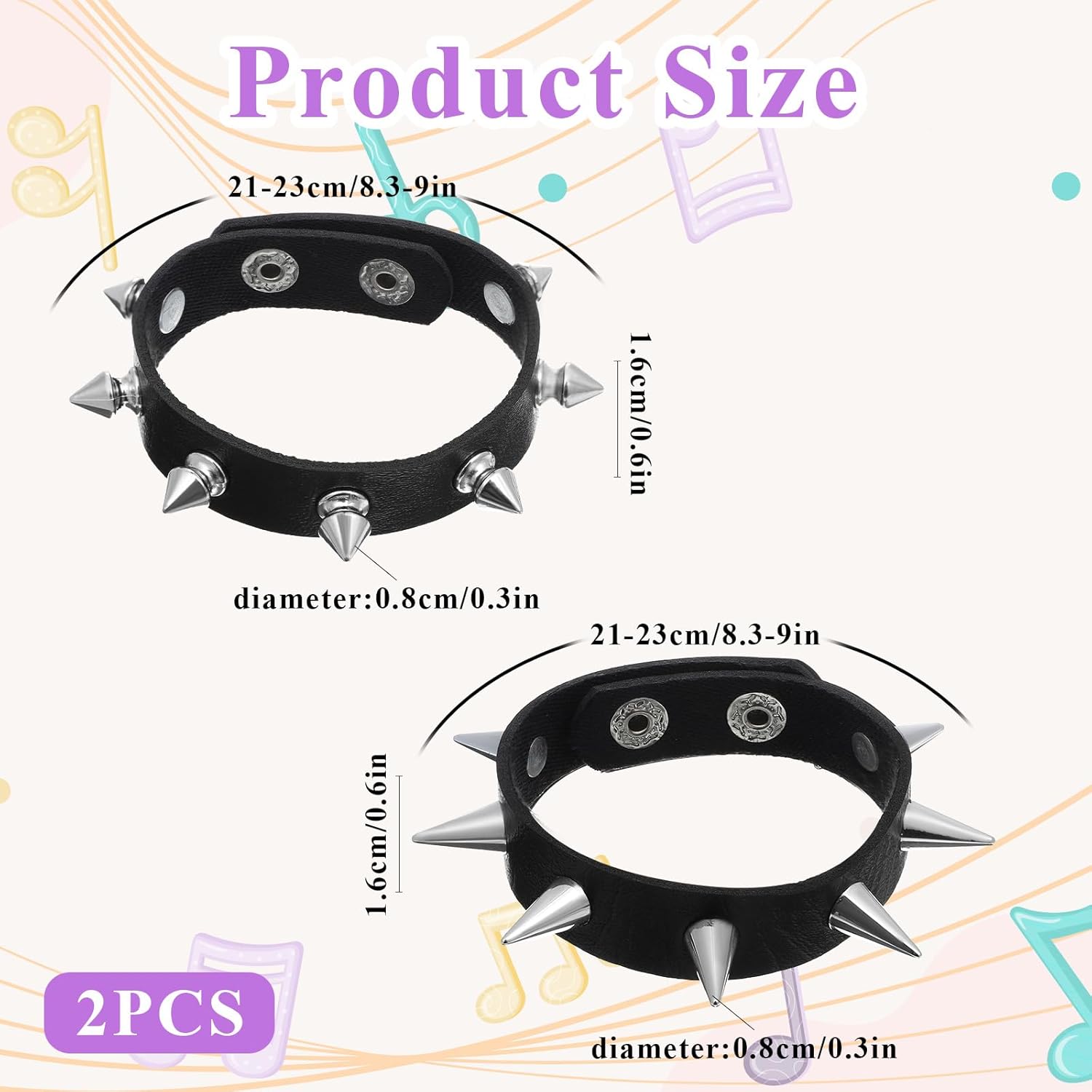 2 PCS Punk Rock Spike Bracelet, Adjustable Studded Bracelet Leather Cuff Bracelets Black Leather Studded Punk Emo Bracelets Gothic Jewelry for 80s 90s Vintage Womens Men - Image 2