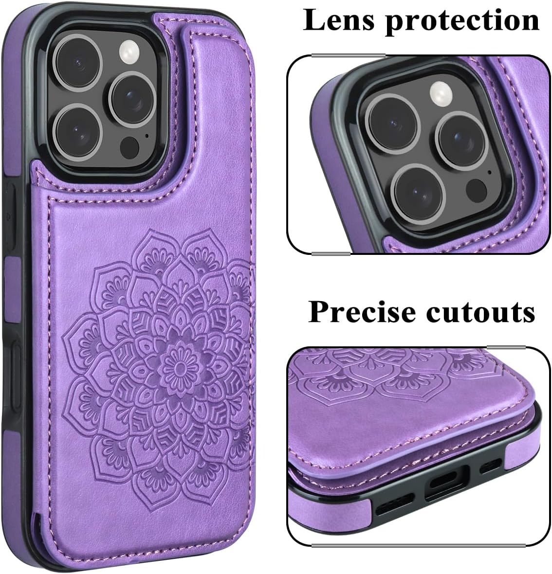 MMHUO for iPhone 16 Pro Max Case with Card Holder, Flower Magnetic Clasp Flip Case for iPhone 16 Pro Max Wallet Case for Women, Protective Case Phone Case for iPhone 16 Pro Max (6.9 Inch),Purple - Image 4