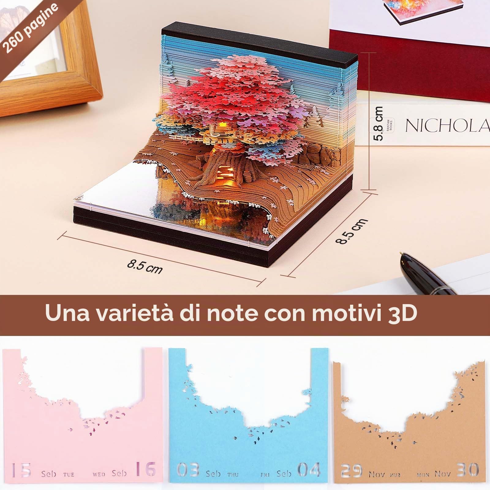 2026 Calendario da Tavolo 3D Blocco note con luce, 2026 Calendario scrivania 3D della casa sull'albero Calendario tempo 3D Calendario della vita Artigianato artistico intaglio fai da te Regalo
