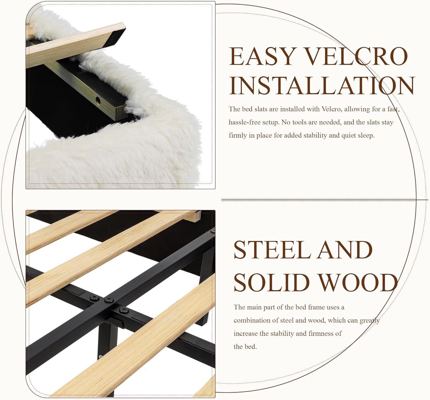 Yechen Queen Cloud Bed Frame with Tall Headboard, Boho Fluffy Faux Fur Plush Bedframe, Round Soft Boucle Bed with Metal Frame and Wood Slats, No Box Spring Required, Easy Assembly, Beige