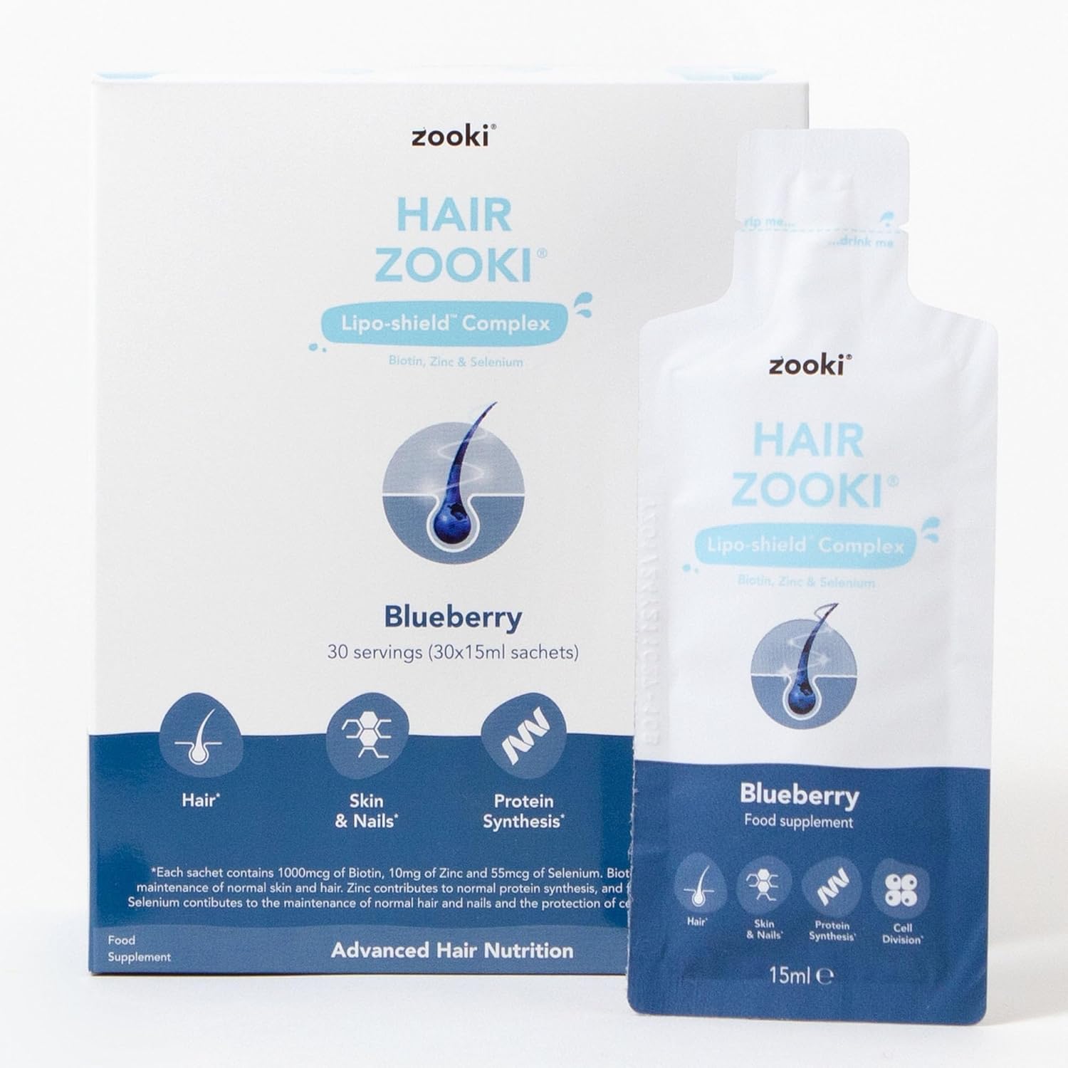 HairZooki® Biotine, zink en selenium met hoge sterkte verpakt in lipiden voor maximale absorptie | Alcoholvrij, veganistisch, sojavrij, natuurlijke ingrediënten | Ondersteuning van haar, huid en nagel (Blaubes, 30 porties)