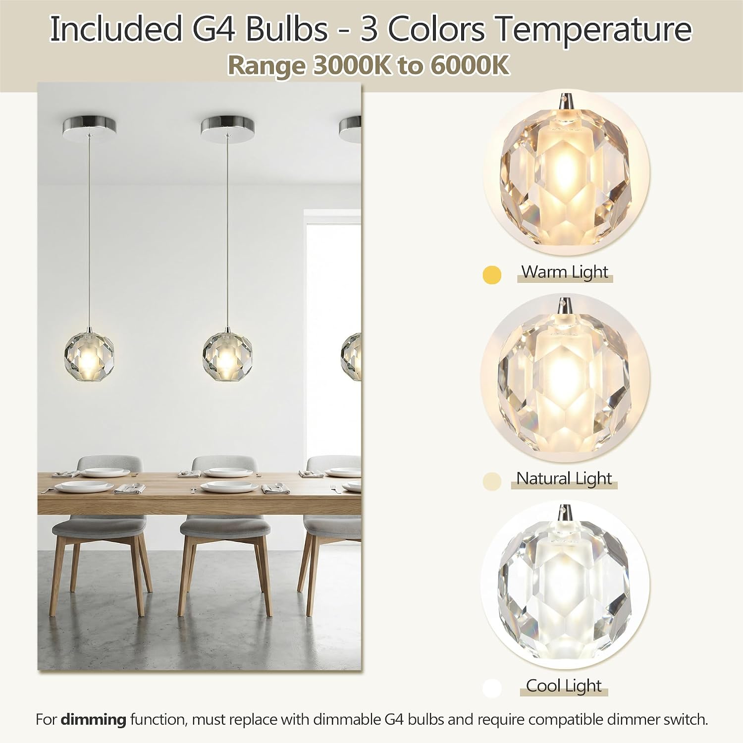Modern Chrome Pendant Light for Kitchen Island, Adjustable Hanging Light Fixture with Clear Crystal Shade, Single Mini Island Light for Dining, Bathroom, Includes 3-Color Bulbs