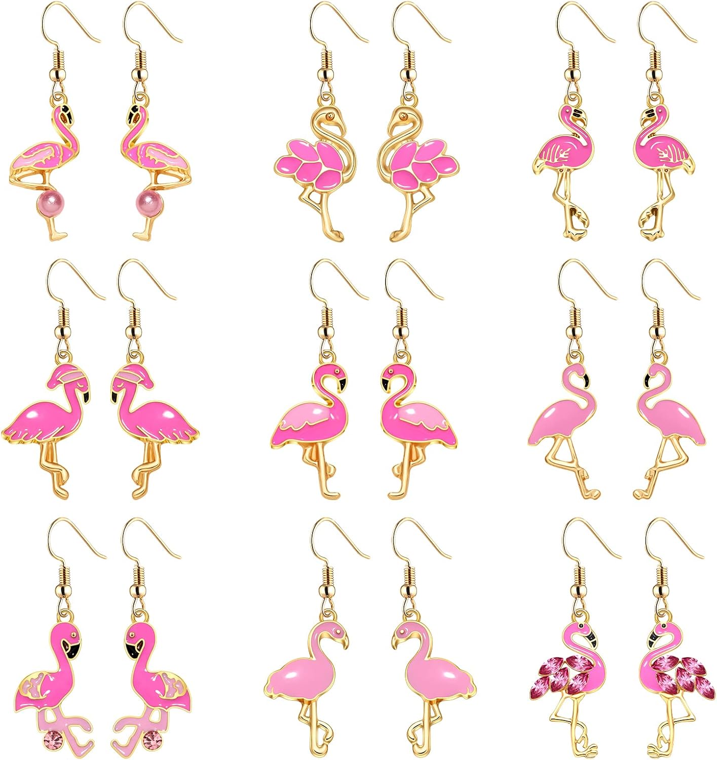 9 Pairs Pink Flamingo Dangle Earrings Cute Enamel Flamingo Friendly Earrings Tropical Bird Animal Drop Hook Earrings Set Funny Beach Vacation Earrings Hawaiian Summer Holiday Jewelry
