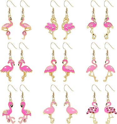 9 Pairs Pink Flamingo Dangle Earrings Cute Enamel Flamingo Friendly Earrings Tropical Bird Animal Drop Hook Earrings Set Funny Beach Vacation Earrings Hawaiian Summer Holiday Jewelry