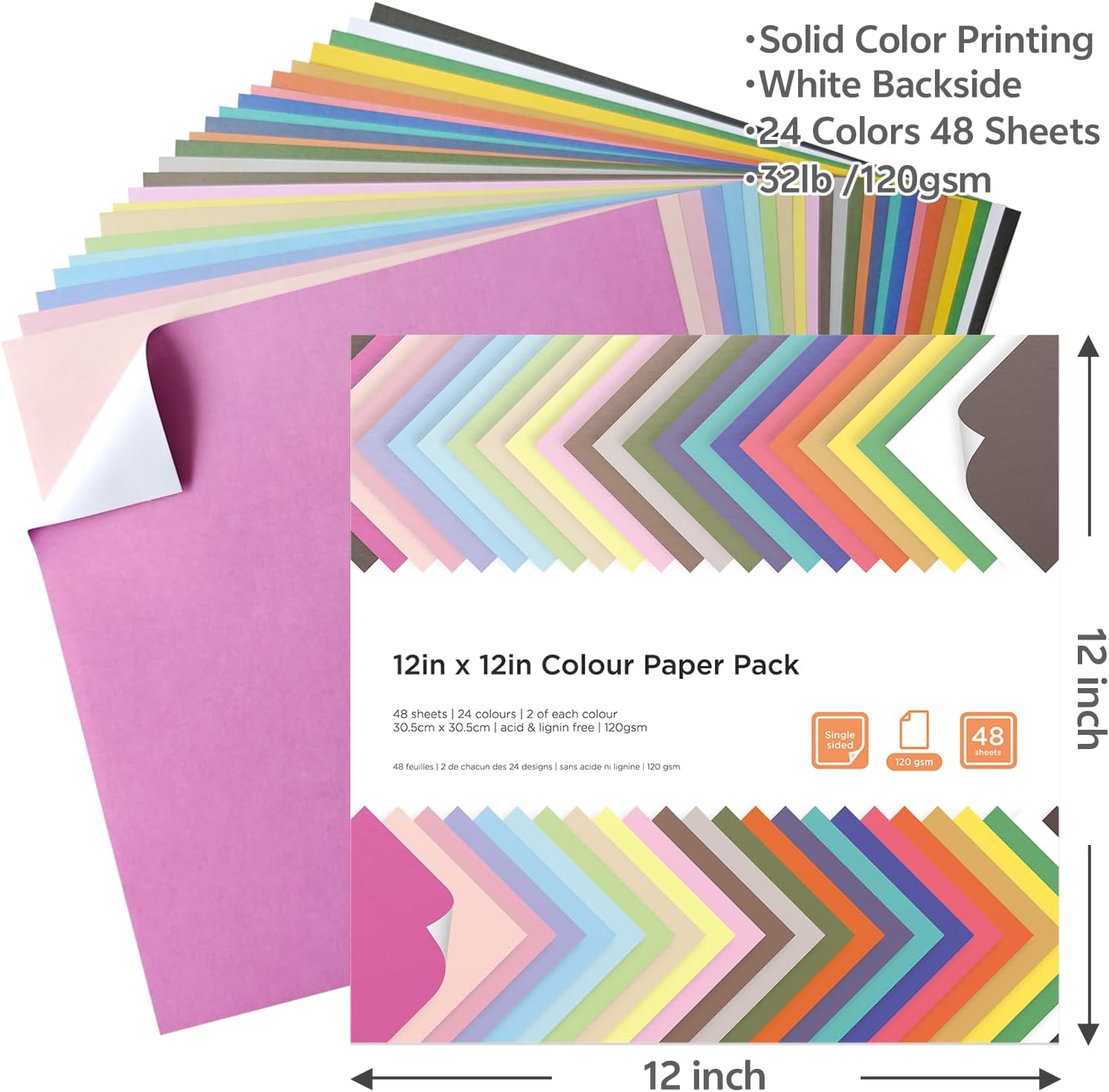 12x12 Scrapbook Paper 48 Sheets 120 gsm 32 lb Brights Pastels & Brights 24 Color Cardstock Paper for Cricut Maker, Scrapbooking, Paper Crafting