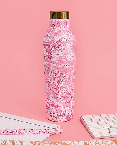 Miniatura 3 de Lilly Pulitzer Botella de agua de acero inoxidable, botella de agua de metal de 18 onzas, vaso aislado de doble pared rosa con tapa, escena junto al