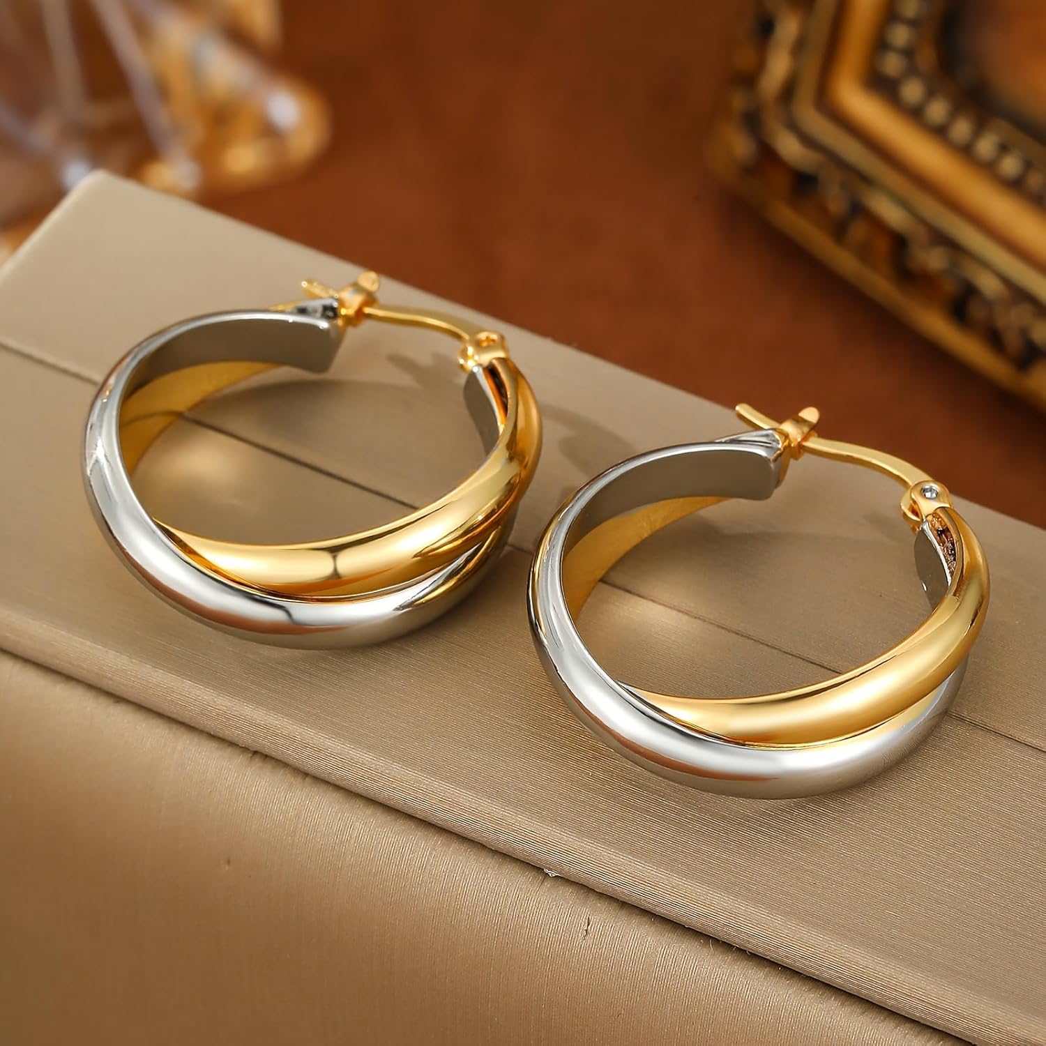 GZQ Two-Tone Gold Silver Hoop Earrings for Women,Chunky Double Hoop Design Fashion Statement Jewelry for Daily Wear Party Dating Gift, Lightweight 11g, 3cm Size - Image 7