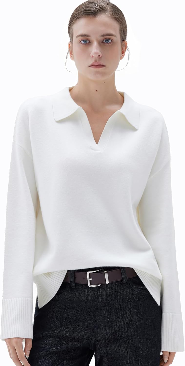 SUUKSESS Women Cashmere Oversized V Neck Pullover Sweaters Long Sleeve Collared Knit Jumper Tops - Image 4