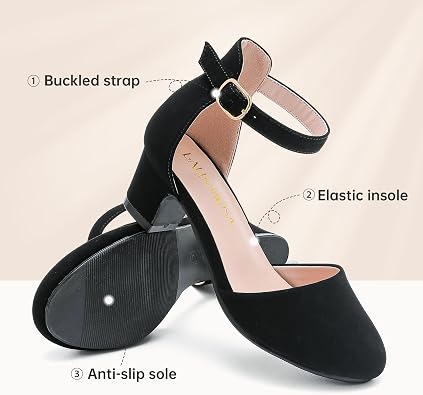 LAURMOSA Girls Dress Shoes Closed Toe Pumps High Heels for Little Big Kid | Flower Shoes for Girls, 1.75-inch Chunky Heel, Ankle Strap, Closed Toe, Wedding, Party, Church, Graduation, First Communion