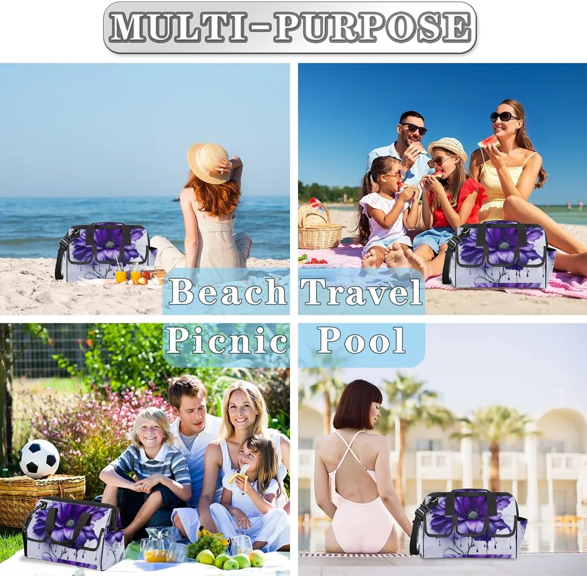 15 Inch Tool Bag 14-Pockets Tool Box Organizer for Men Big Floral Purple Tool Tote Bag Waterproof Toolbox with Shoulder Strap Heavy Duty Garden Tool Organizer for Mechanic