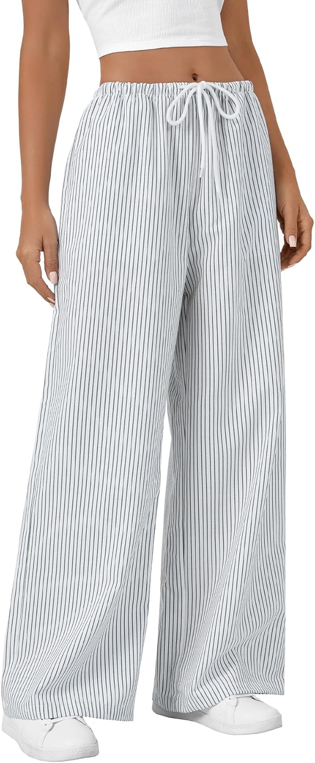 LYANER Women's Wide Leg Striped Pants Casual Drawstring Elastic Low Rise Pajama Pants Lounge Wear Trousers Pure White Medium - Image 4
