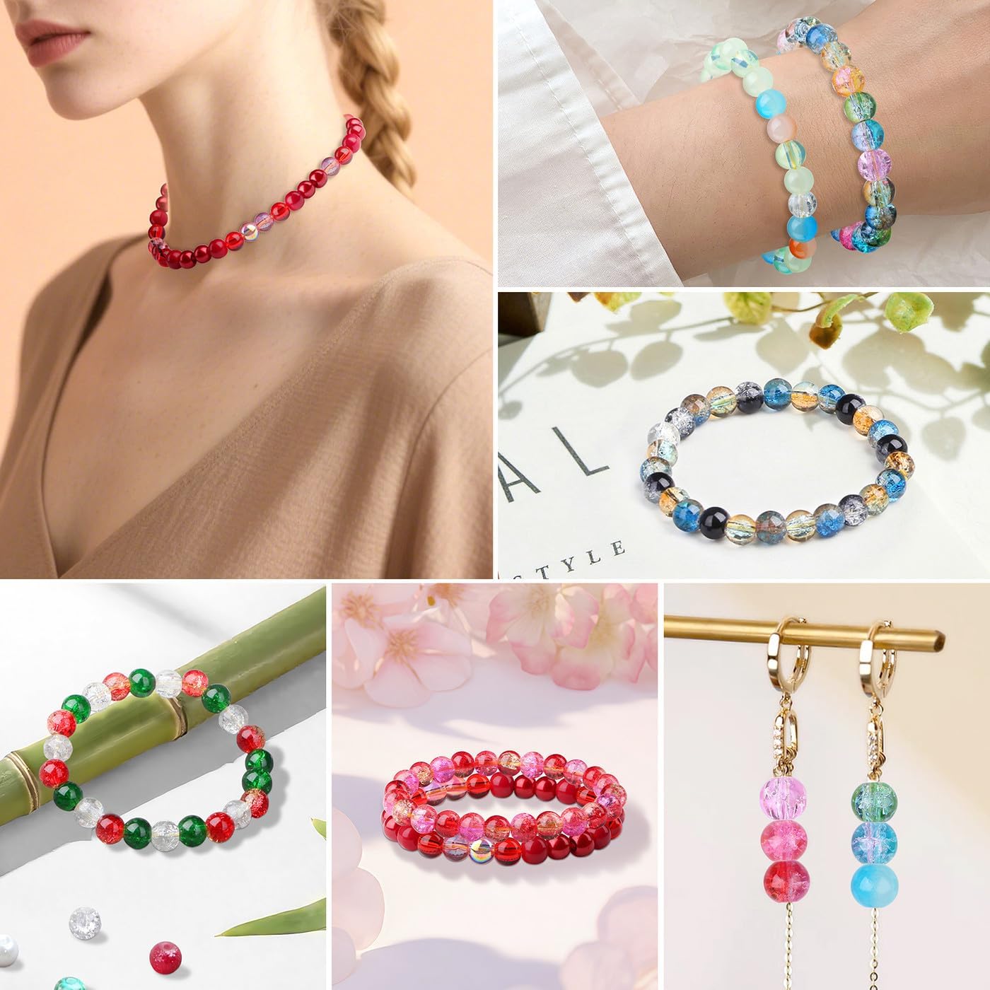 DUQGUHO Christmas Beads, Christmas Beads for Jewelry Making, 8mm Red Green White Round Glass Beads Kit 360PCS - Image 6