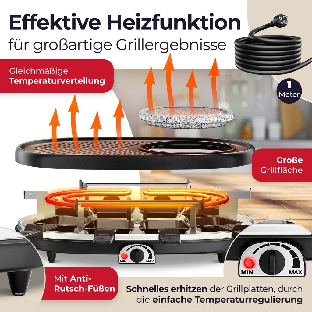 KESSER Grill do raclette 3 w 1 z naturalnym kamieniem grillowym, płytą grillową i fondue, grill stołowy dla 8 osób, grill elektryczny raclette