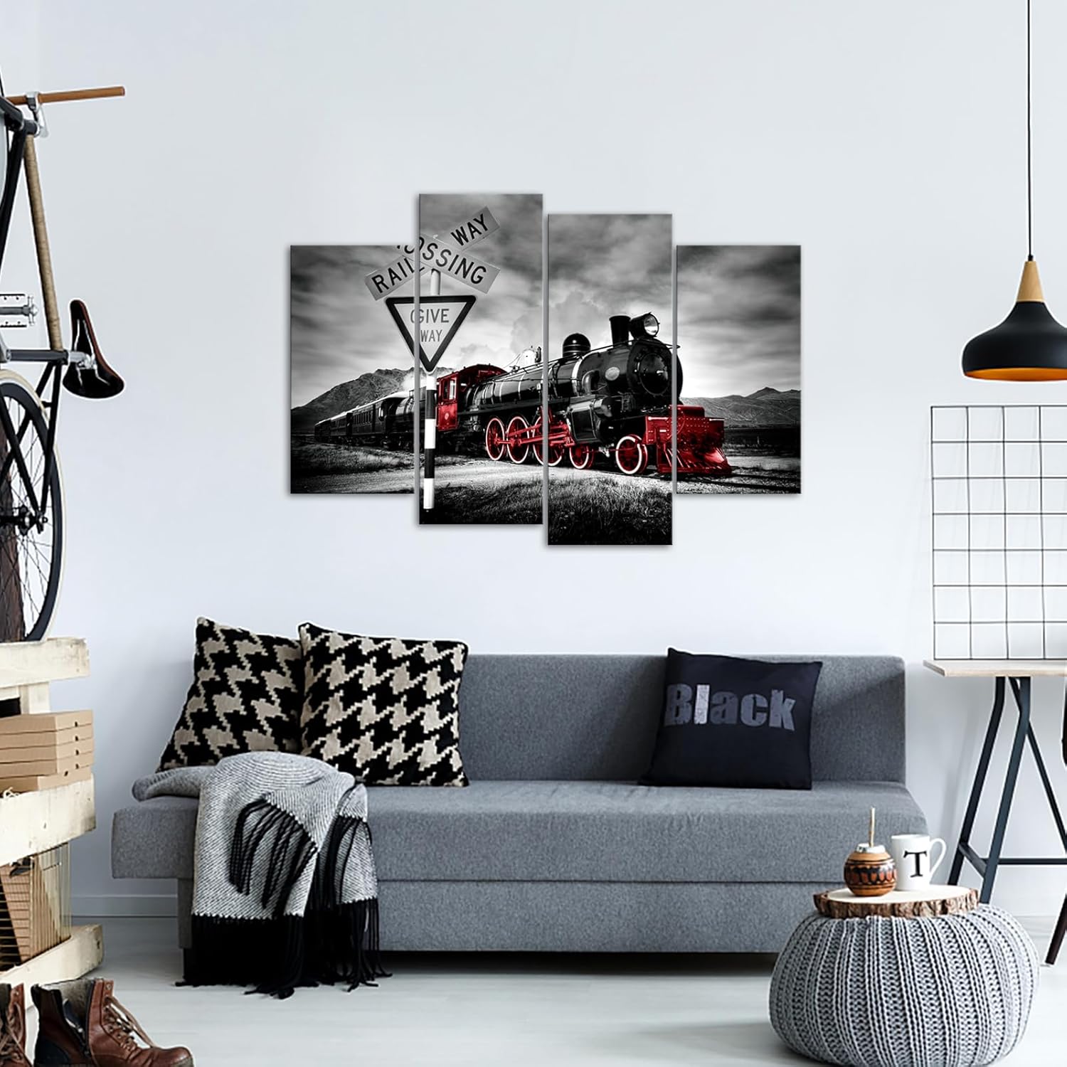 VANSEEING 4 Pieces Red and Black Train Canvas Wall Art Vintage Train Pictures Wall Decor Modern Artwork Framed for Boys Room Living Room