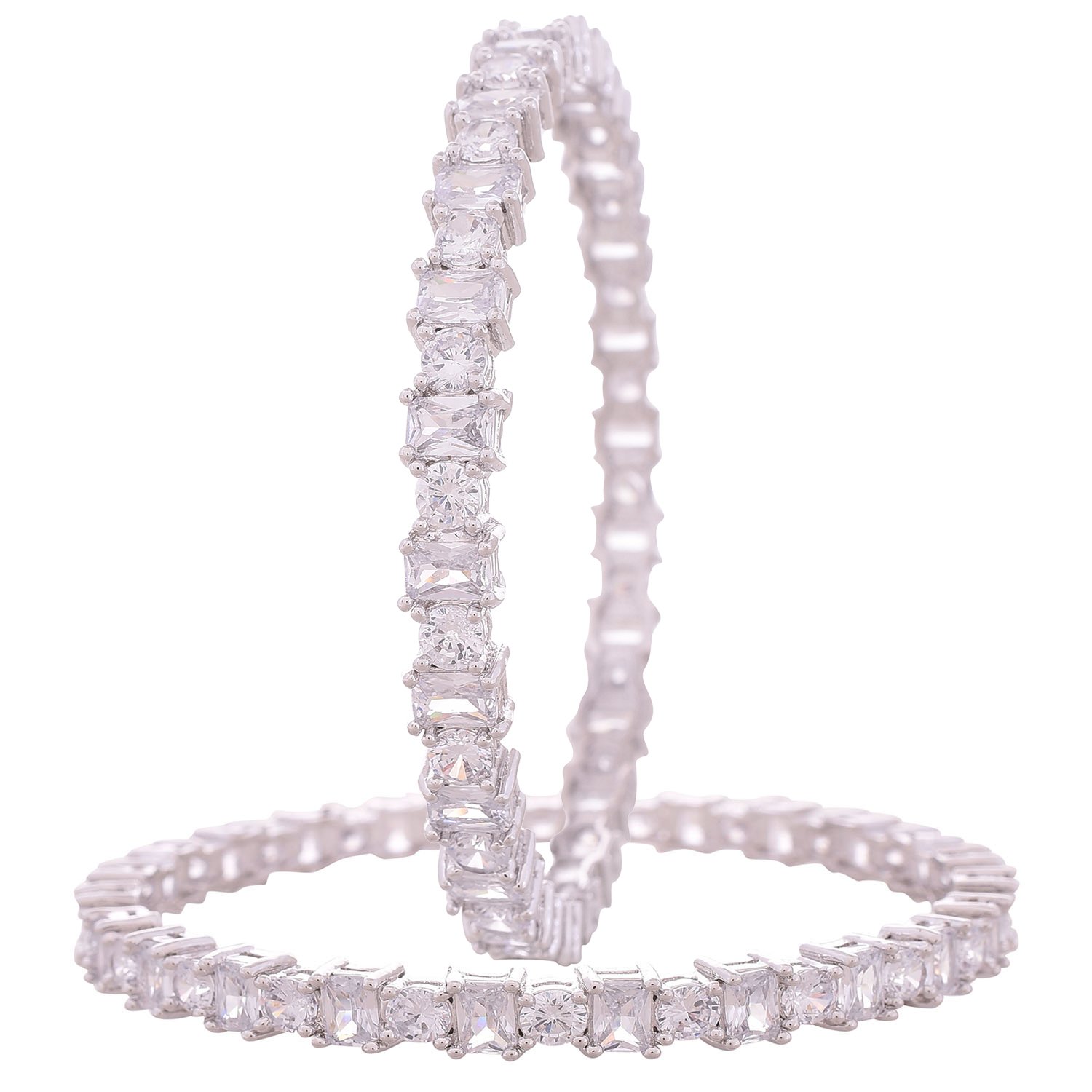 Ratnavali Jewels Silver Plated White American Diamond CZ Stylish Latest Chudi Bangles Set for Women/Girls