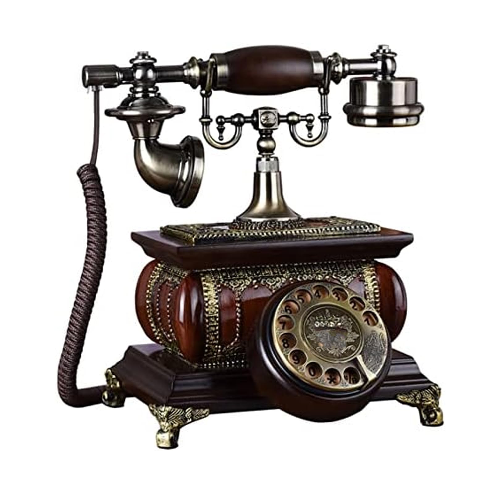 Telefono Vintage in Legno con quadrante Rotante, Telefono retrò con Filo, Telefono Fisso in Stile Antico Classico con Dettagli in Metallo per l'arredamento di casa e Ufficio. Stile