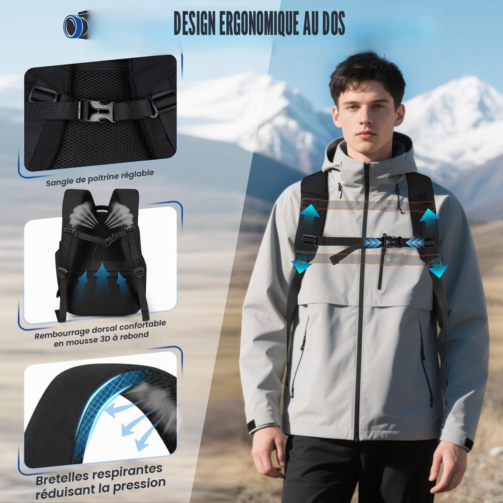 RAINSMORE Sac a Dos Photographe Sacoche Appareil Photo Professionnel Compartiment Ordinateur 14 Pouces Housse Pluie Sac Photo Reflex Numérique Compatible Canon Sony Noir