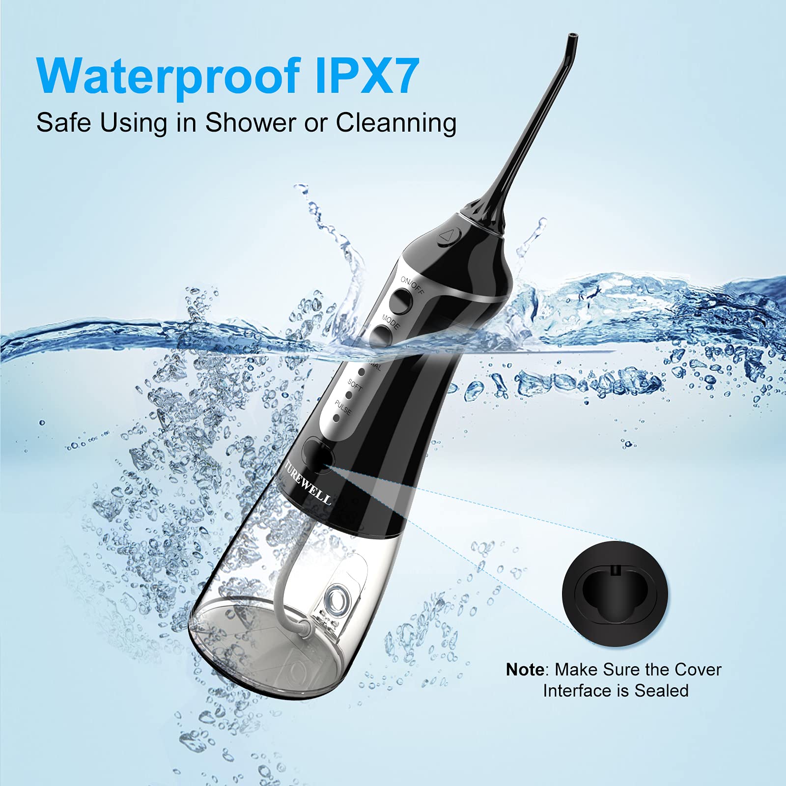 TUREWELL FC1591 Idropulsore Dentale Portatile 5 Ugelli e 3 Modalità, IPX7 Impermeabile, 300ML Irrigatore Dentale per La Casa e I Viaggi