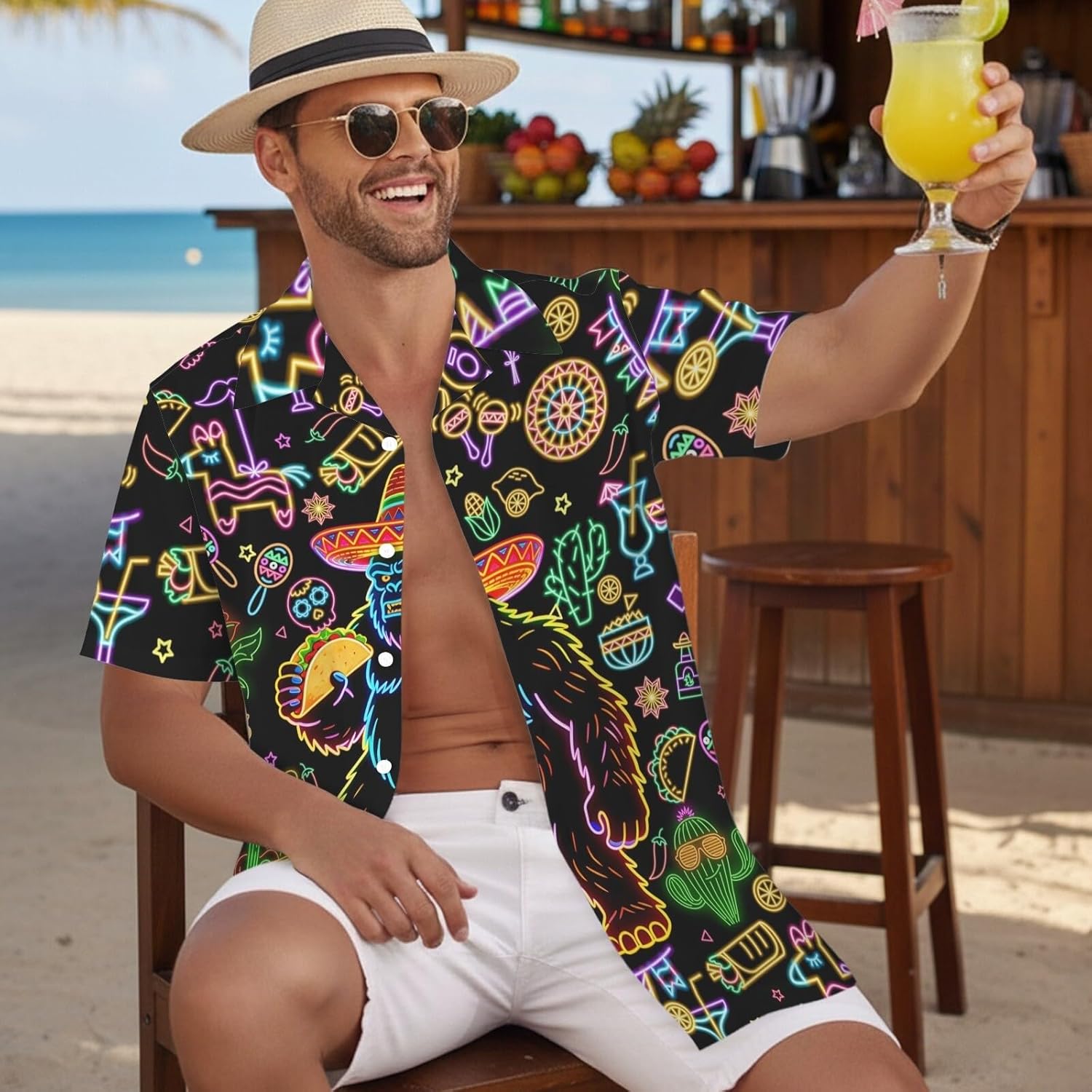 HUGLAZY Funny Bigfoot Hawaiian Shirt for Men 4th of July Outfit Button Down Short Sleeve Party