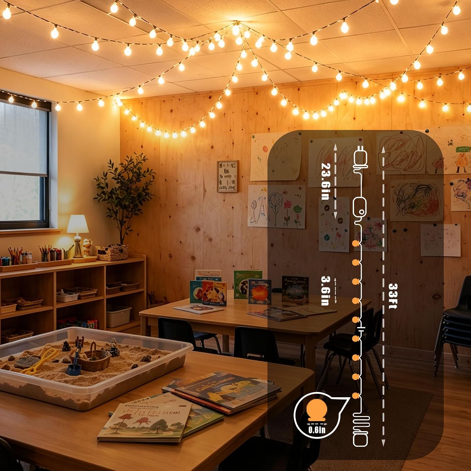 33Ft 100 LED String Lights for Classroom Back to School Decor | Connectable Warm White Globe Classroom Lights, 8 Modes Plug Hanging Fairy Lights for First Day of School Party Decor