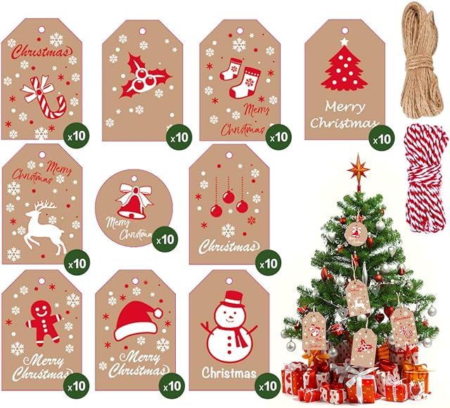Christmas Gift Tags, 100 Pcs Brown Kraft Paper Tags Card with Cotton String and Twine String, Small Xmas Present Labels Hanging Tags with String for Christmas Gifts Wrapping DIY Craft Decoration