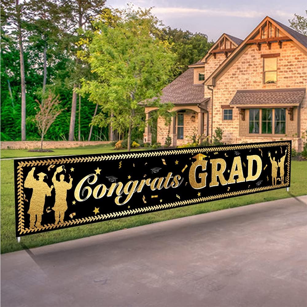 Mocossmy Graduation Yard Banner 2023,9.8 x 1.6 Ft Large Congrats Grad Banner Black and Gold Graduation Yard Signs Decoration Backdrop for Photography High School College Graduation Party Decoration