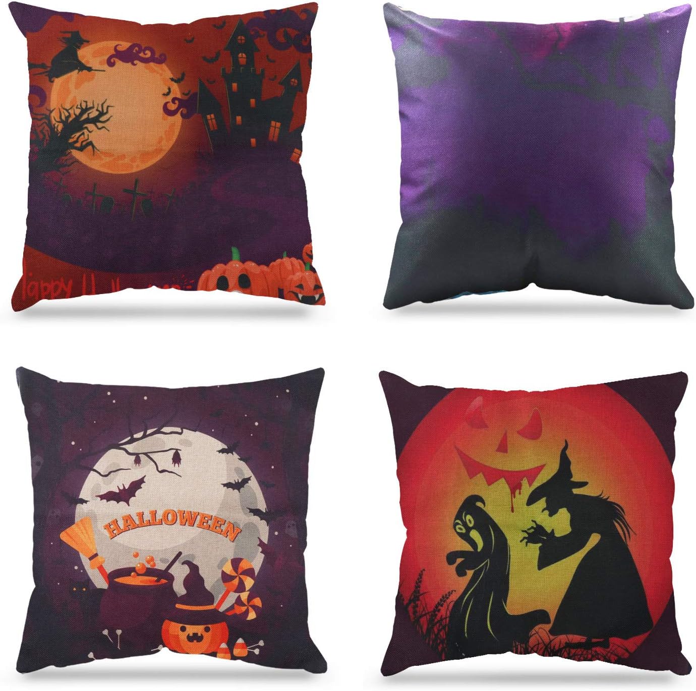 WEYON Happy Halloween Cotton Linen Pillow Covers Witch/Pumpkin/Castle/Bat Theme Sofa Home Decor Throw Pillow Case Cushion Covers 18 x 18 Inch, 4 Pack
