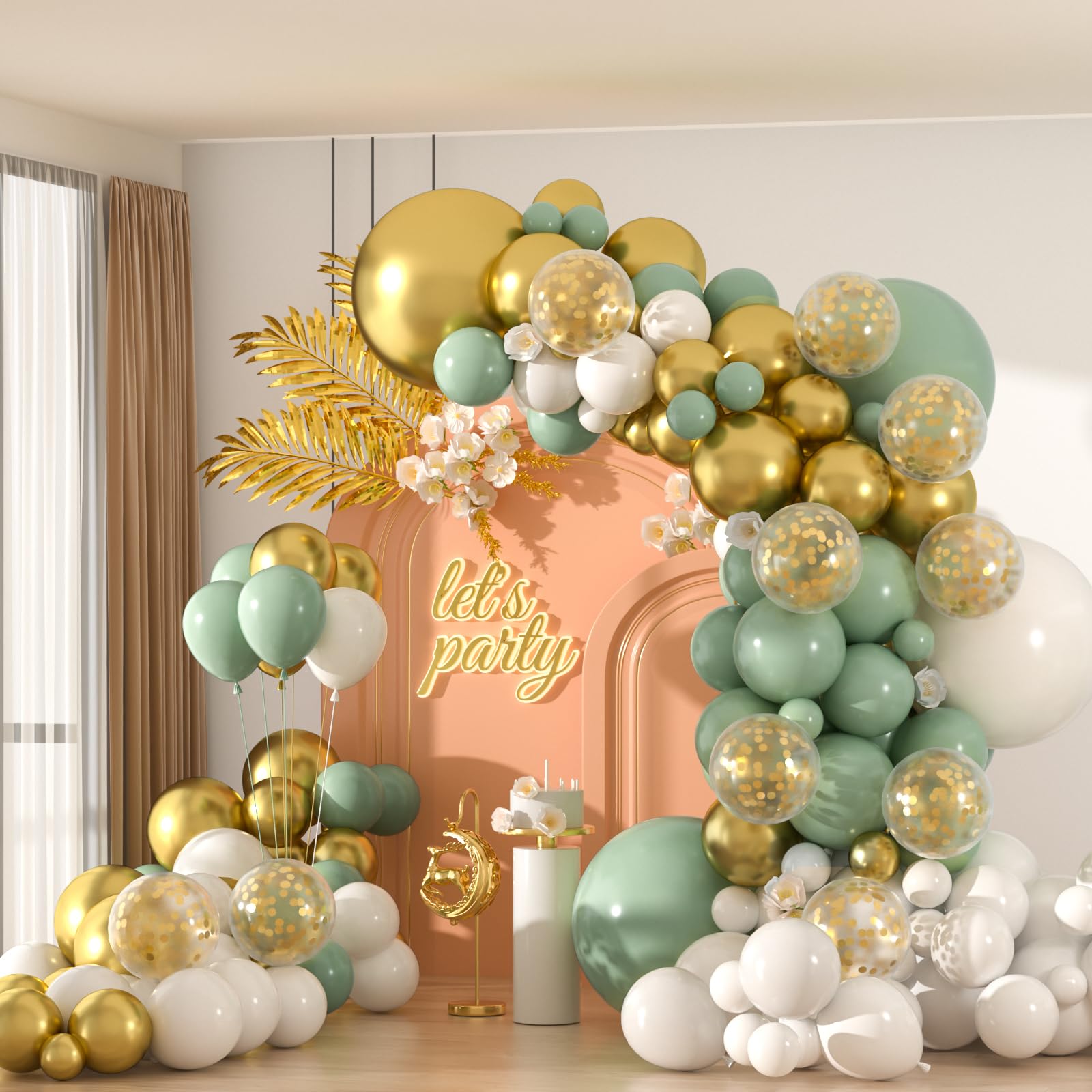 136pcs Sage Green Gold White Balloons Garland Arch kit, 18 12 10 5 Inch Olive Green Gold Confetti Latex Balloons Arch For Birthday, Baby Bridal Shower Engagement Wedding Party Decoration