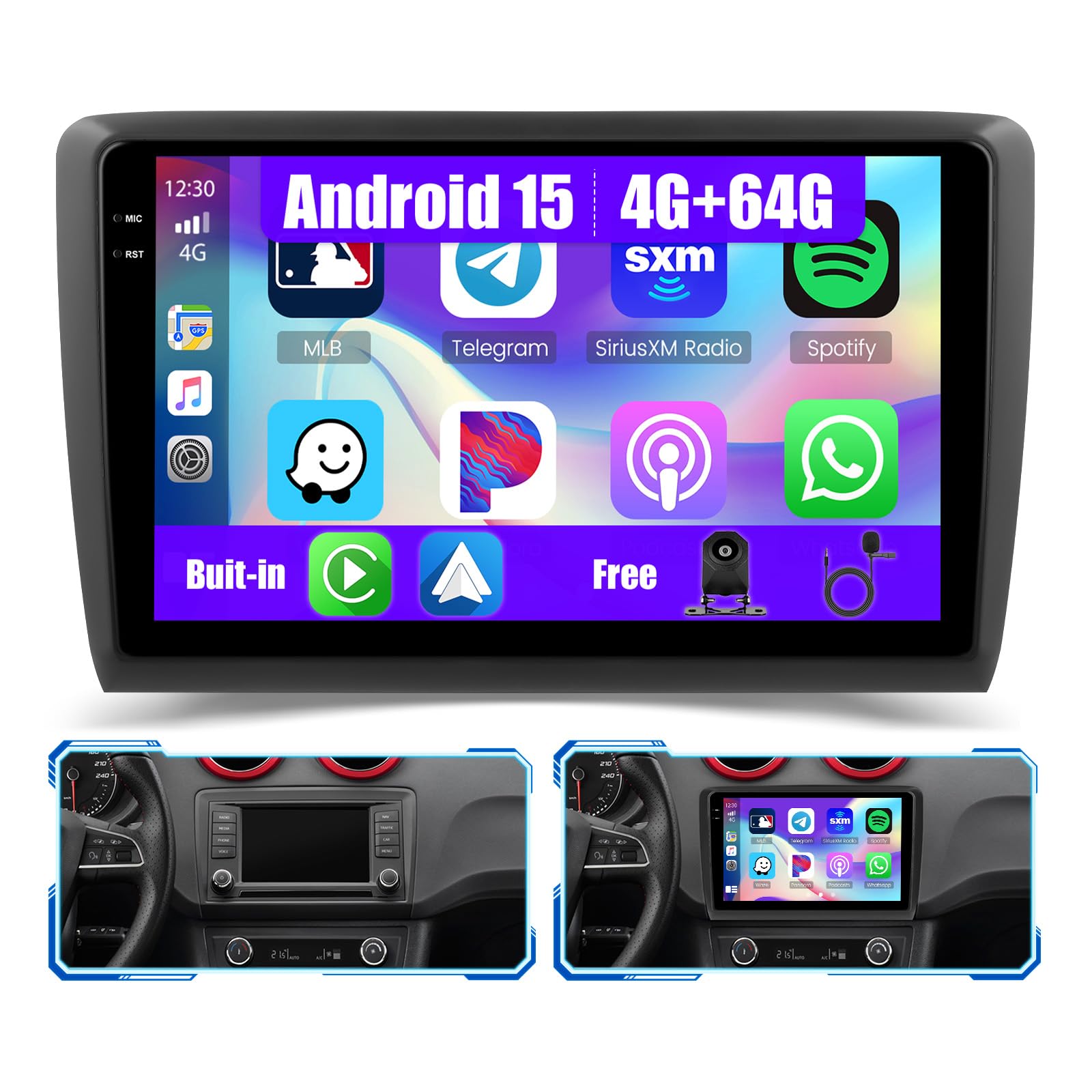 Inefala 4G+64G Autoradio Android 15 para Seat Ibiza 2016-2017 | Pantalla Táctil de 9", Wireless CarPlay, Android Auto, GPS, WiFi, RDS/FM, BT, EQ, SWC, Cámara Trasera, MIC