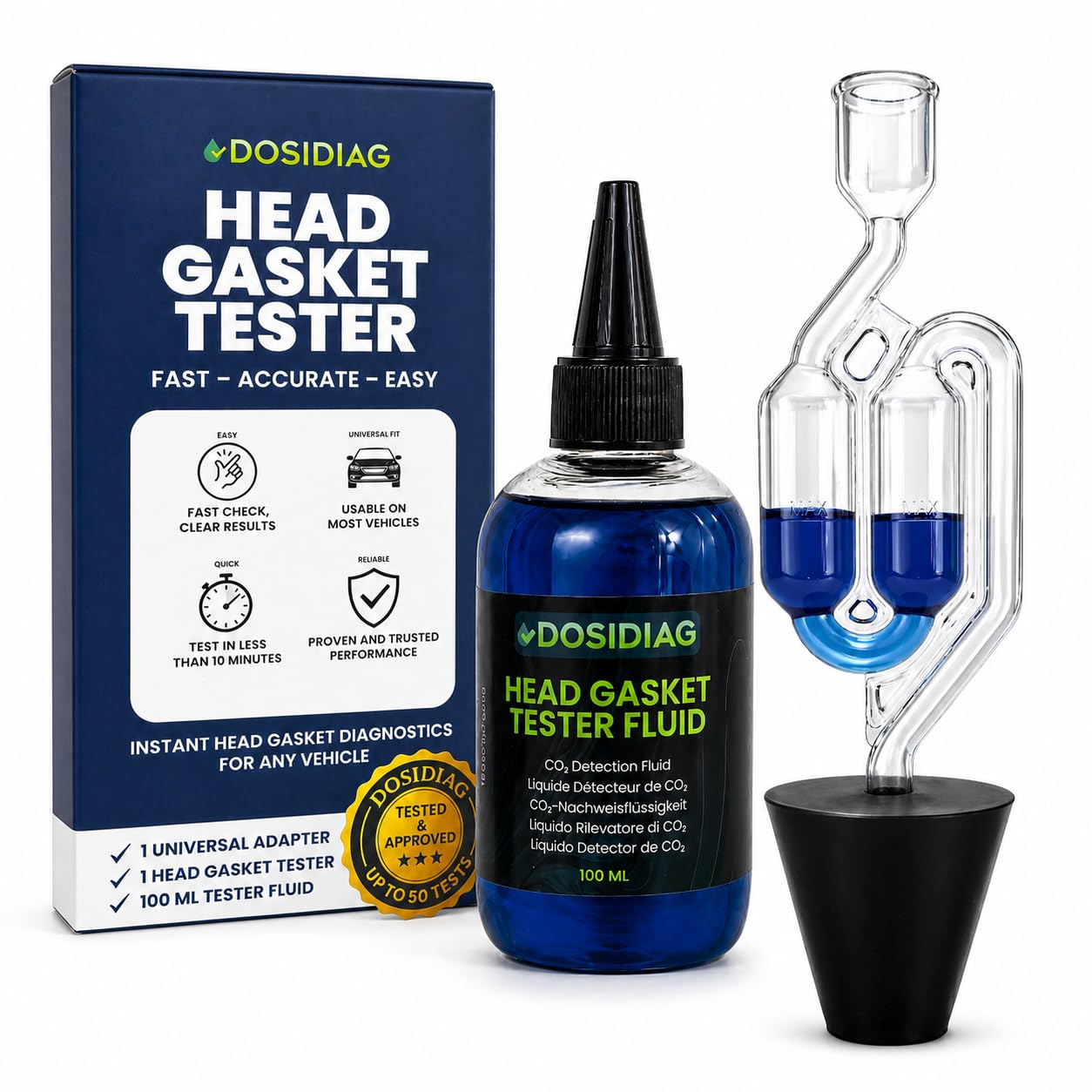 Tester per Guarnizione Testa Cilindrica – Fino a 50 Test – Rilevatore di Perdite CO₂ per Motore a Benzina e Diesel – Kit Universale con Liquido Reattivo Blu – Diagnostica Rapida e Affidabile