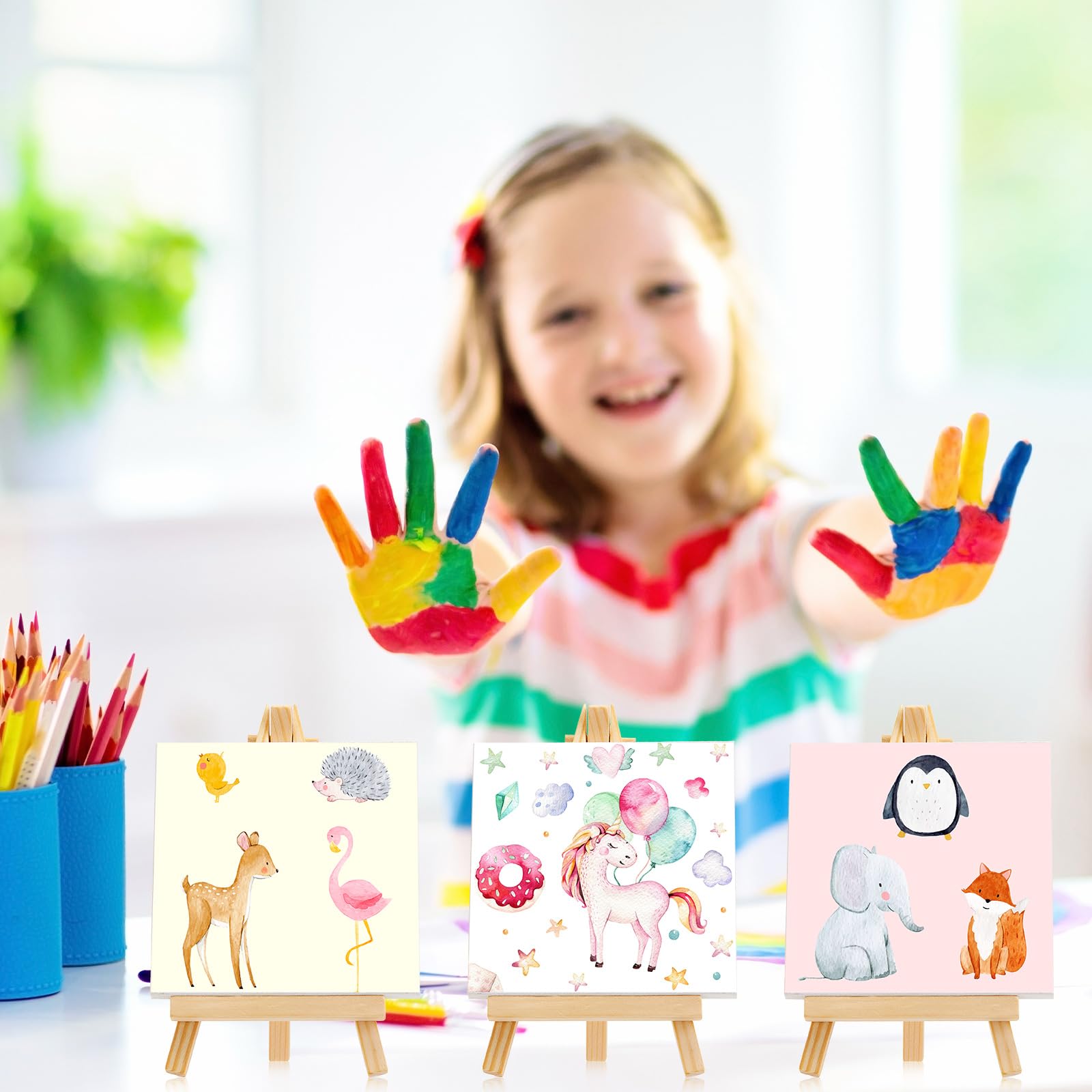 Mimorou Lot de 32 mini toiles tendues avec chevalet pour décoration sur bois, loisirs créatifs pour enfants, peinture acrylique, peinture à l'huile et à l'eau (12,7 x 12,7 cm)