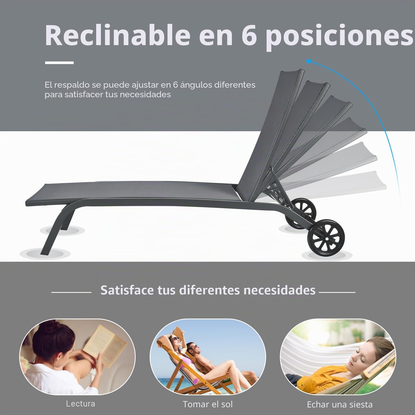 KOMFOTTEU Tumbona de Jardín con Ruedas, Silla Reclinable con Respaldo Ajustable en 6 Posiciones, Tumbona de Relajación de Tela de Texileno con Carga 150 kg, para Patio, Balcón, Terraza (Gris)