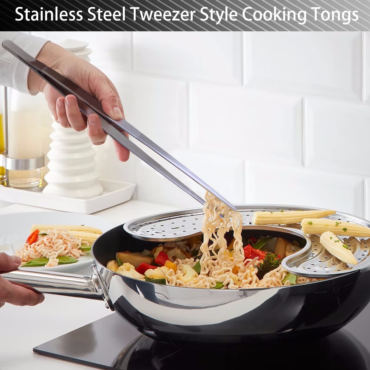 JETKONG Juego de 4 pinzas de cocina de acero inoxidable, pinzas largas de cocina profesionales para cocinar, reparar y barbacoa (10 + 12 pulgadas, plateado)