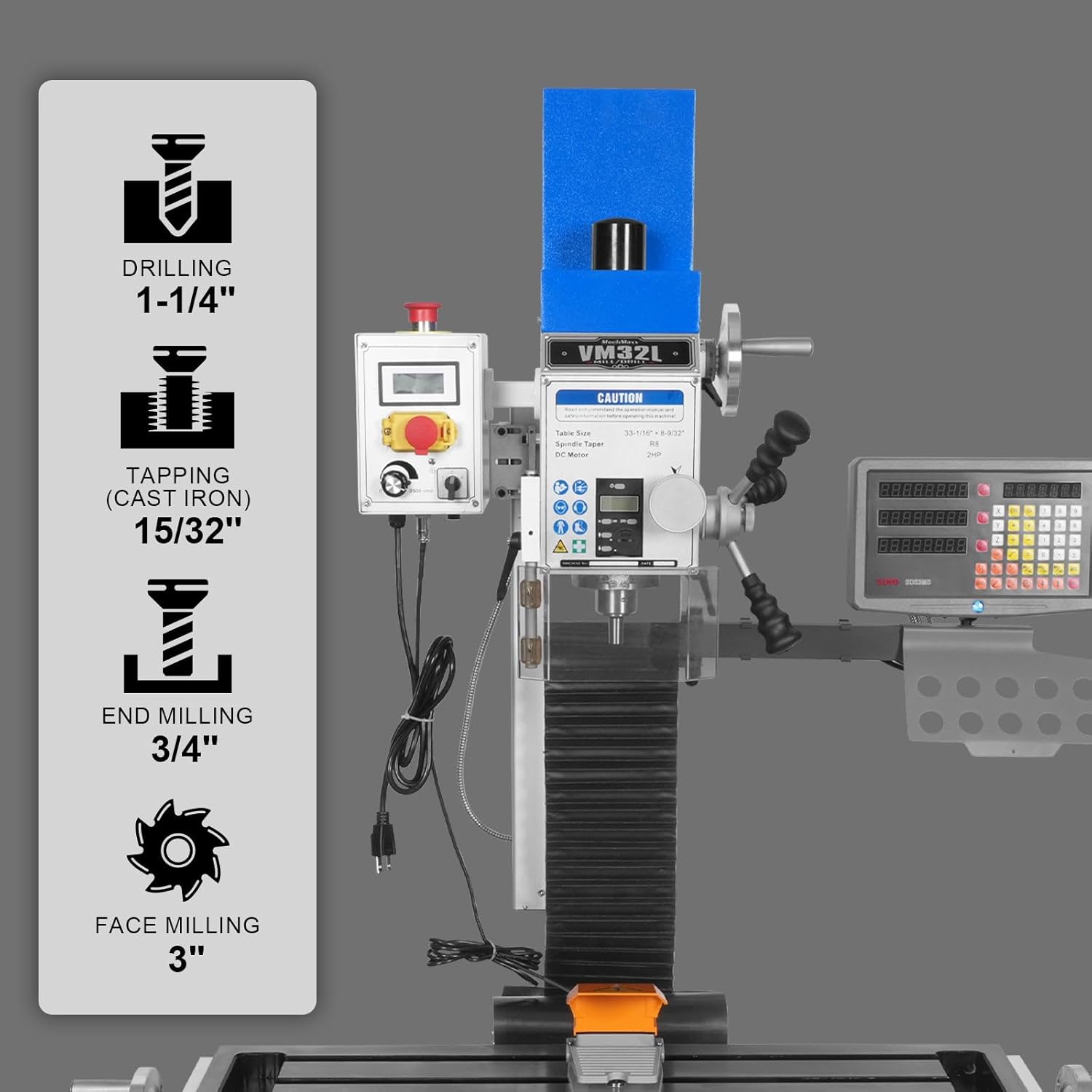 Mechmaxx 8-1/4"x33''Benchtop Mill Drill Machine with DRO, Variable Speed, Brushless Motor, R8 Spindle, 2 HP, 110V, Compact Milling Drilling Tool for Garage Shop, DIY Metalworking without Stand, VM32LD