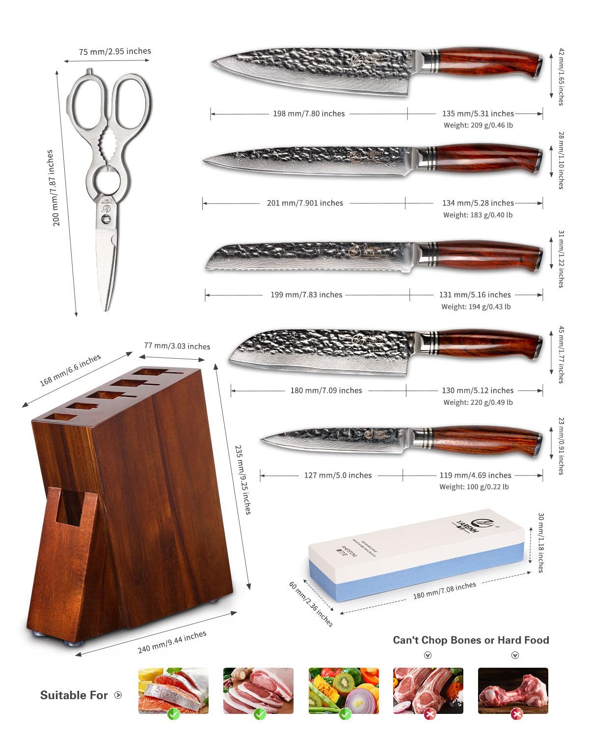 Yarenh Set Coltelli Professionali Cucina 5 Pezzi,Coltelli Cucina Set en Lama in Acciaio Damasco Giapponese,Coltello da Cucina,Coltelli Professionali Chef,Coltelli Giapponesi