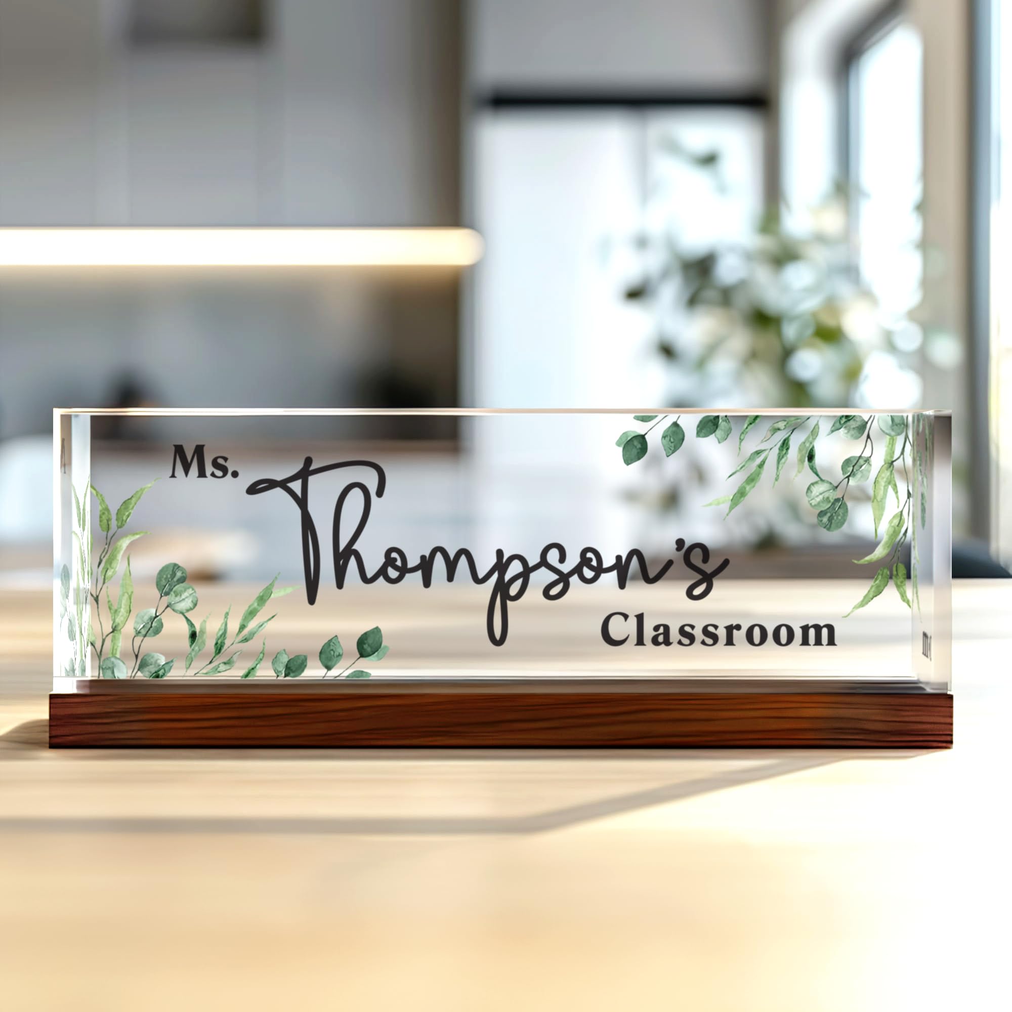 Extous Personalized Eucalyptus Leaves Teacher Name Acrylic Block, Custom Teacher Desk Name Plate, Teacher Name Plate for Desk, Gift For Teacher,