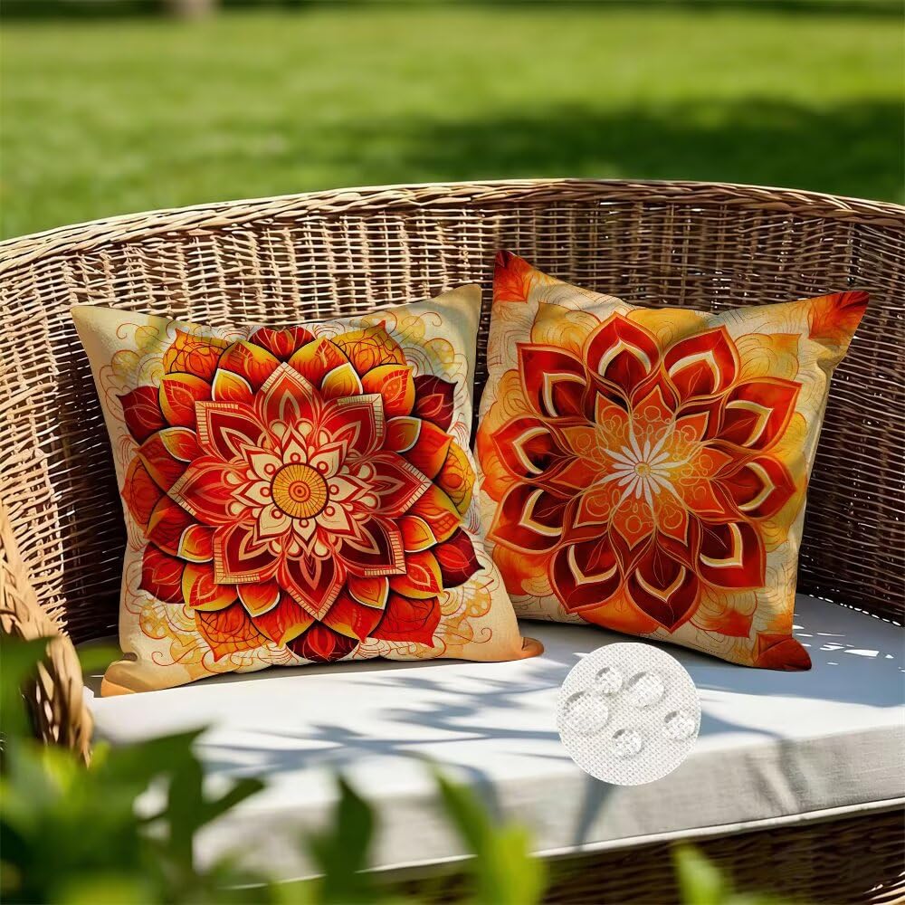 Federe Cuscini da Esterno Impermeabili 65x65 Arancione Copri Cuscini per Divano Mandala Federa Cuscino Boho Decorativi Copricuscini per Divano Giardino Patio Soggiorno Copricuscino Set di 2 (IU301)