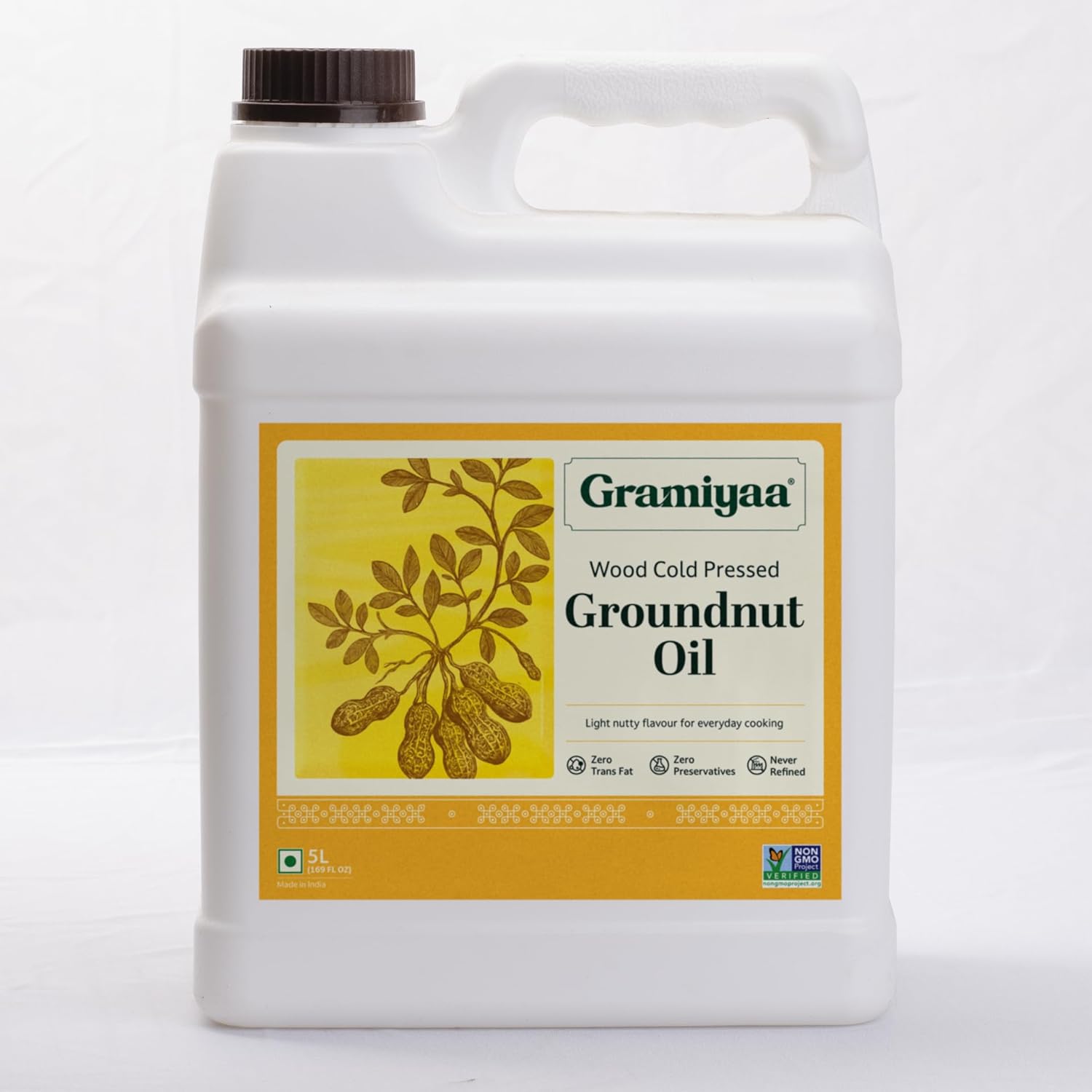 Gramiyaa Cold Pressed Peanut Oil 5 Litre | 169 Fl. Oz (5L) | Chemical-free, Zero Trans-fat Cooking Oil | Unrefined | Kachi Ghani Peanut oil for Cooking
