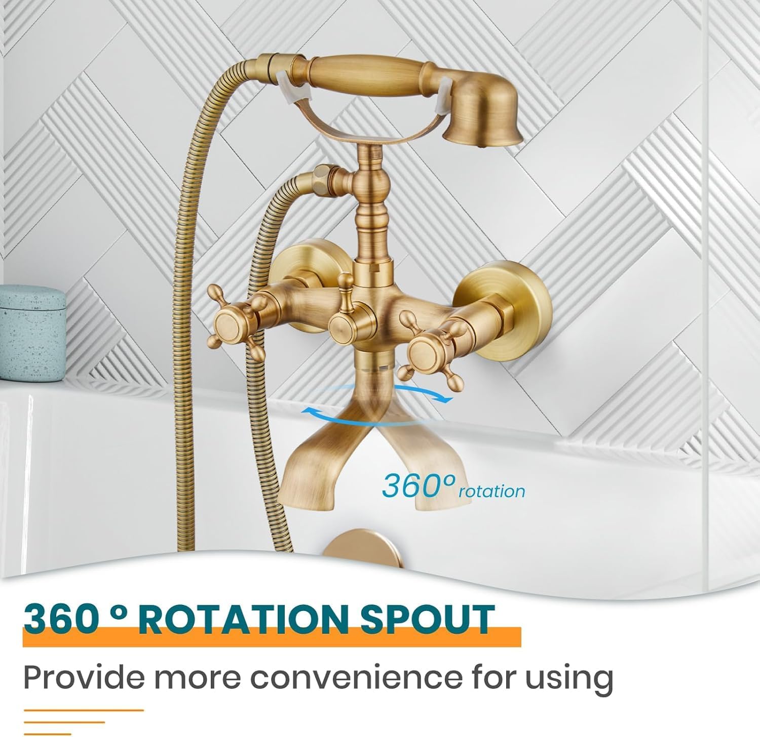 Clawfoot Tub Faucet with HandHeld Spray, Wall Mount Bathtub Faucet 360° Double Cross Handle Swivel Spout, Vintage Tub Shower Kit with Adapter Adjustable Swing Arms (Antique Brass)
