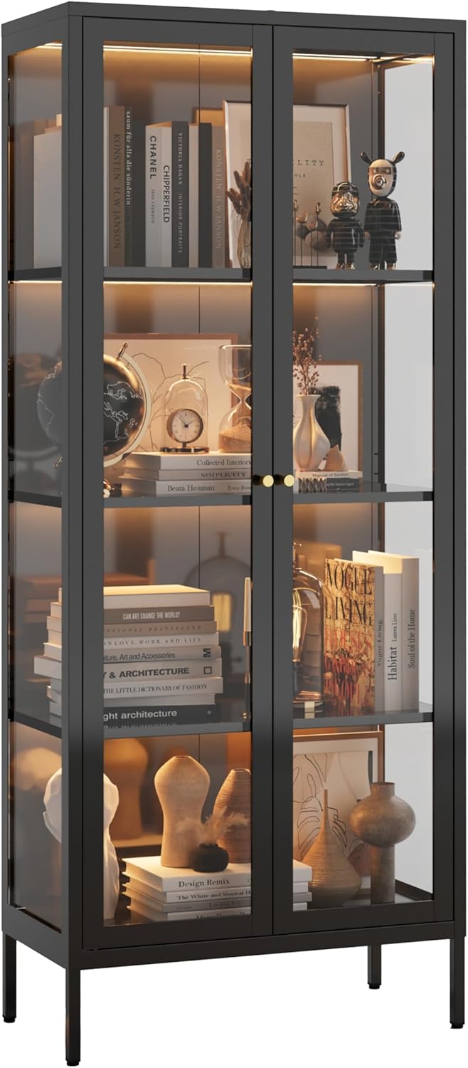 Display Cabinet with Glass Doors, 3 LED Colors, 66" H Curio Cabinet